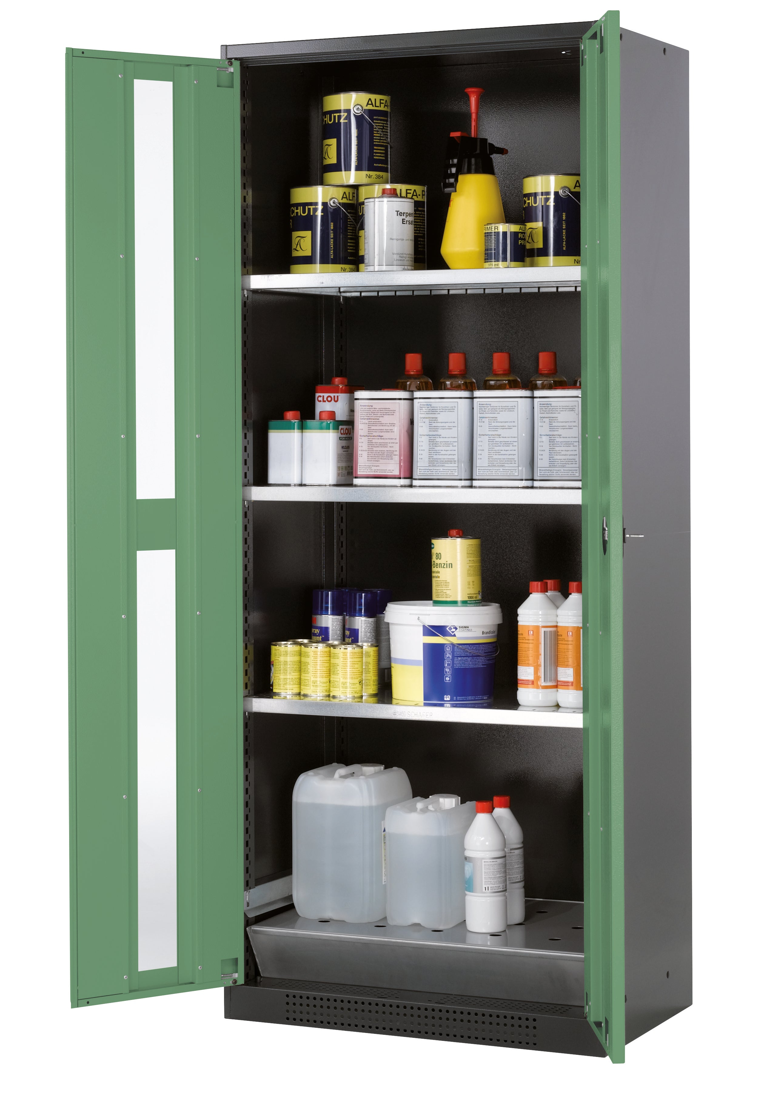 Chemical cabinet CS-CLASSIC-G model CS.195.081.WDFW in reseda green RAL 6011 with 3x standard shelves (sheet steel)