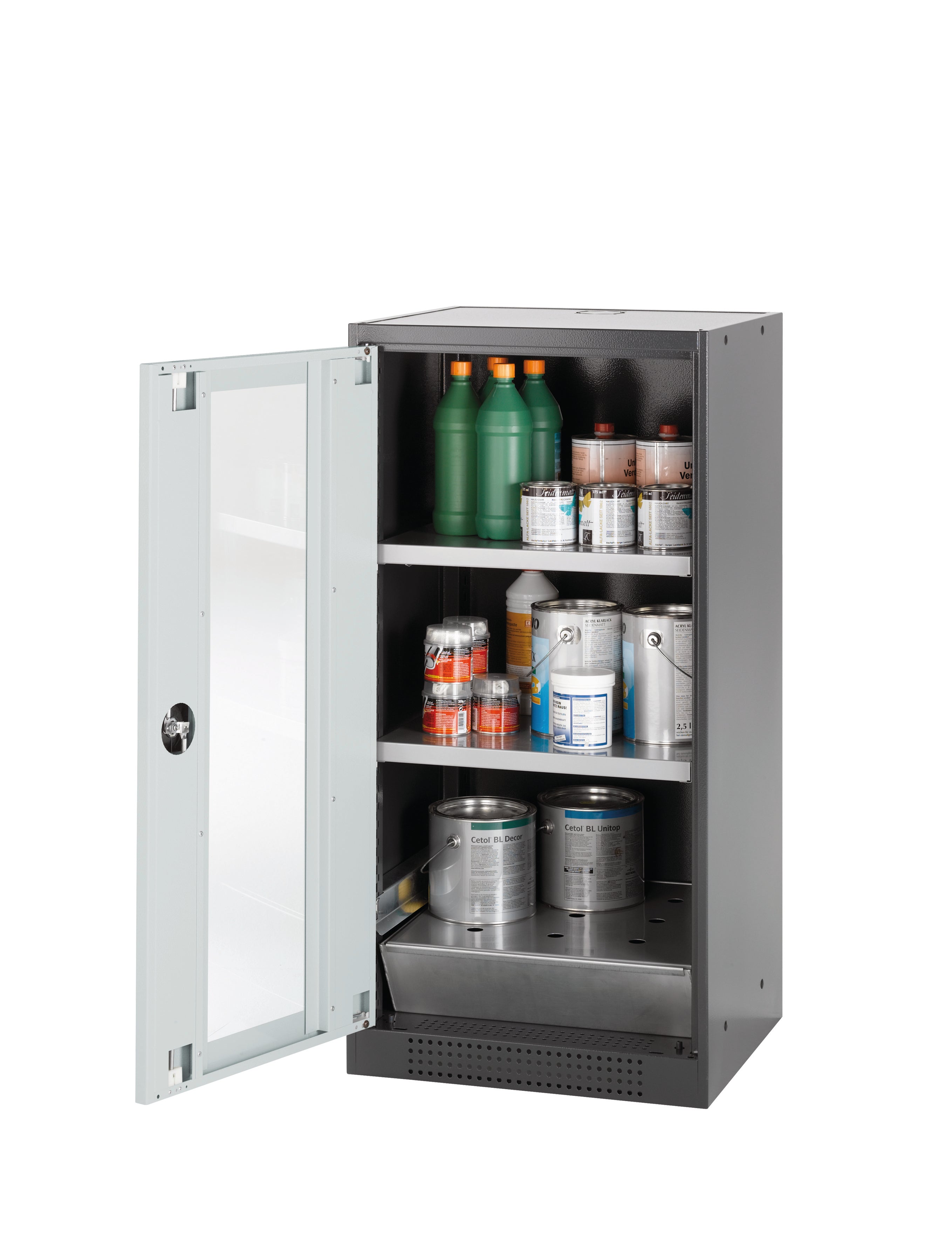 Chemical cabinet CS-CLASSIC-G model CS.110.054.WDFW in light gray RAL 7035 with 2x standard shelves (sheet steel)
