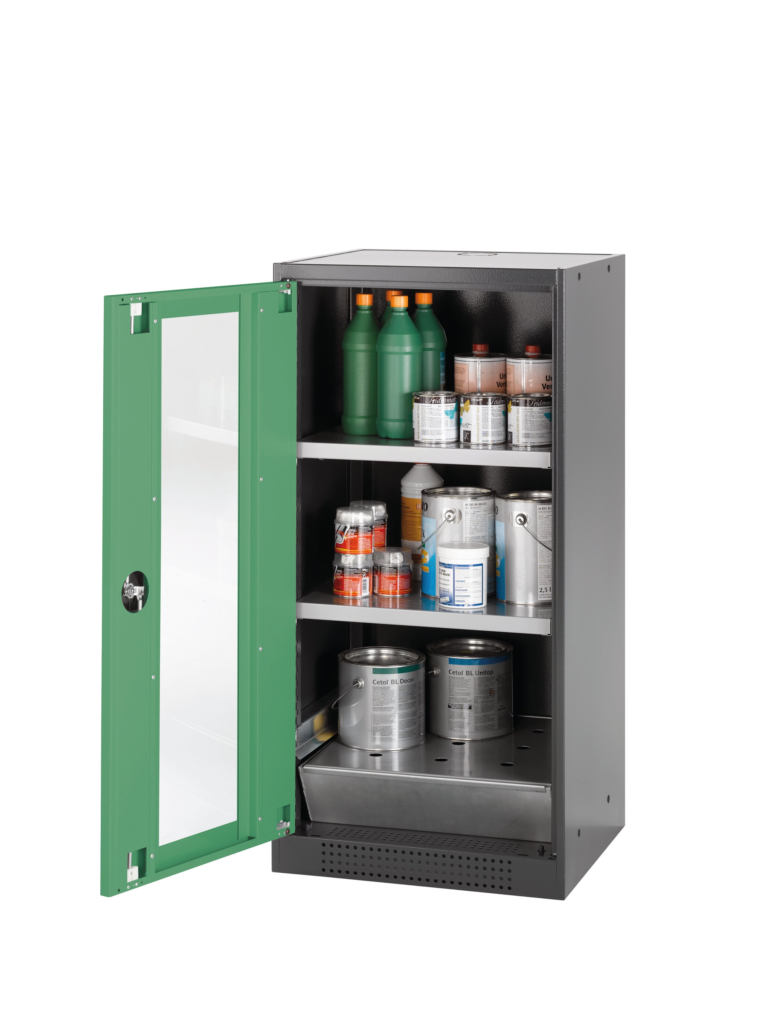 Chemical cabinet CS-CLASSIC-G model CS.110.054.WDFW in reseda green RAL 6011 with 2x standard shelves (sheet steel)