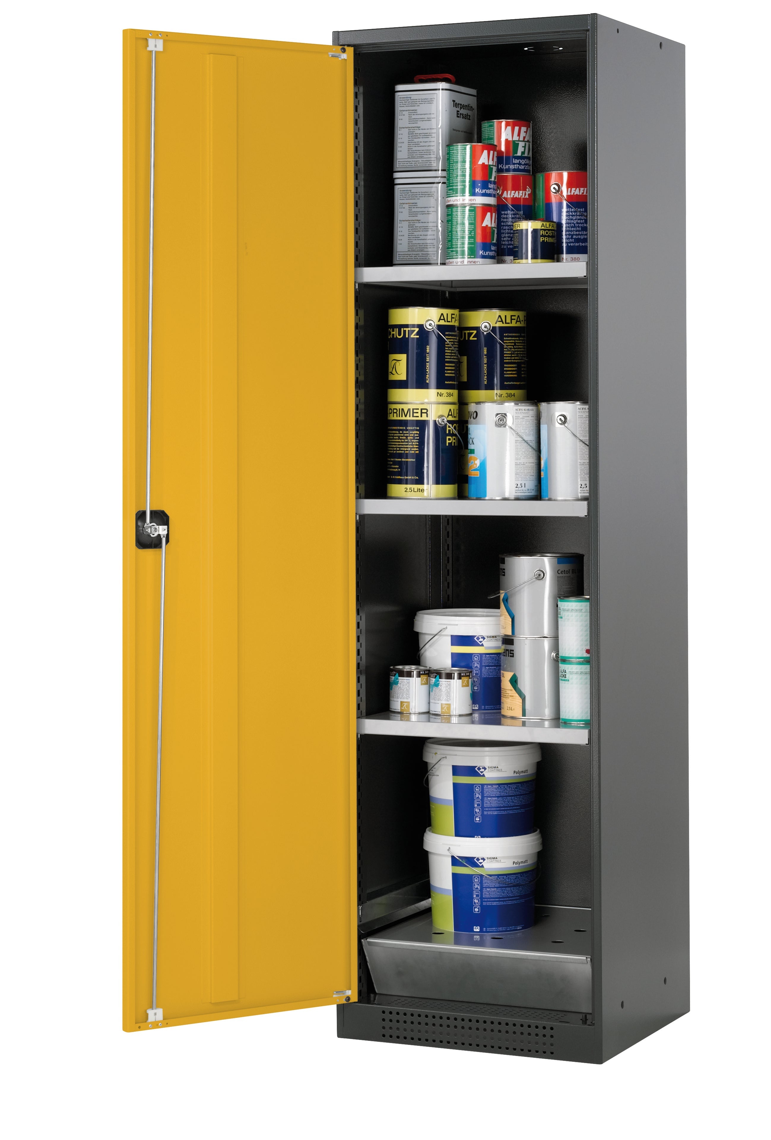 Chemical cabinet CS-CLASSIC model CS.195.054 in safety yellow RAL 1004 with 3x standard shelves (sheet steel)