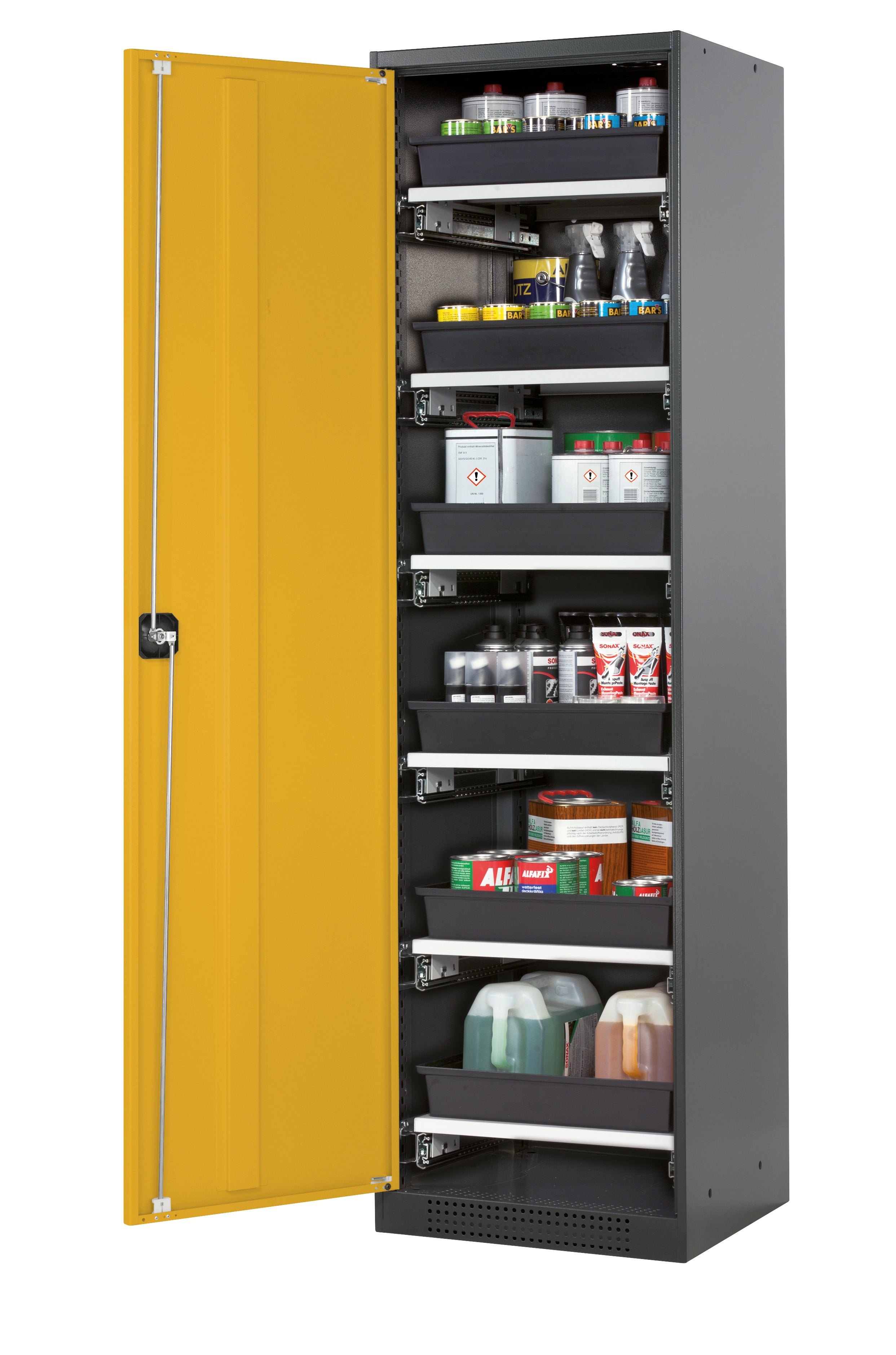 Chemical cabinet CS-CLASSIC model CS.195.054 in safety yellow RAL 1004 with 6x AbZ pull-out shelves (sheet steel/polypropylene)