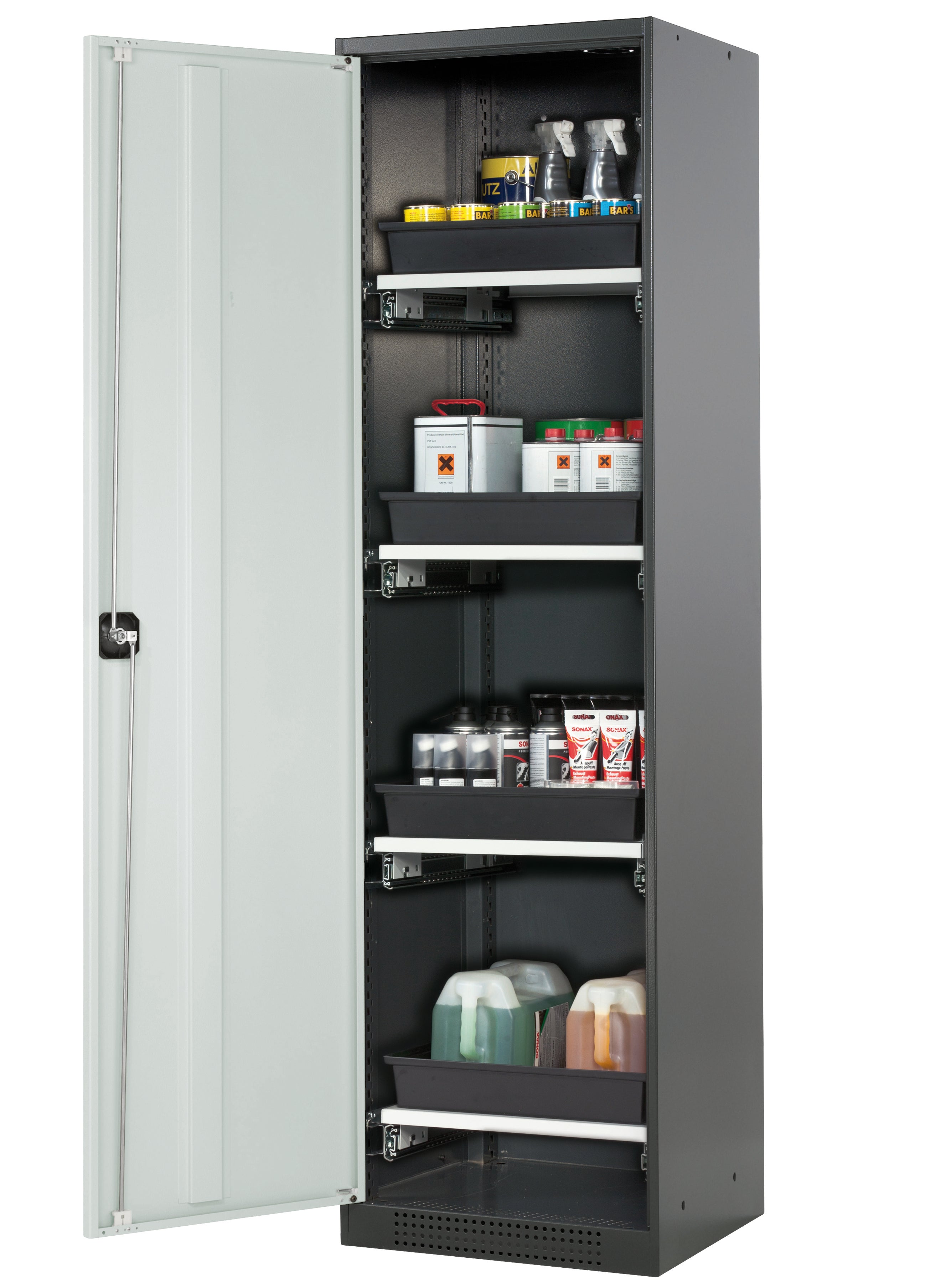 Chemical cabinet CS-CLASSIC model CS.195.054 in light gray RAL 7035 with 4x AbZ pull-out shelves (sheet steel/polypropylene)