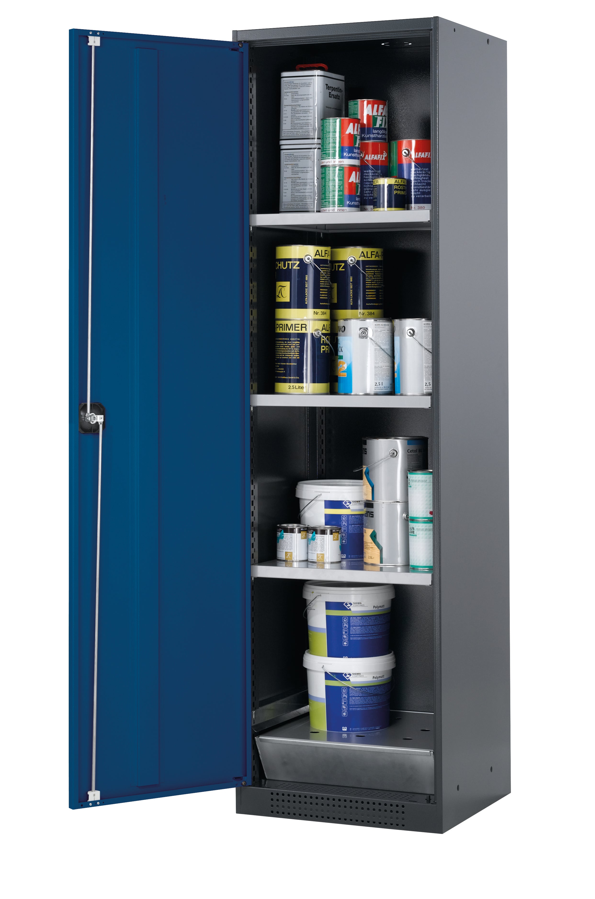 Chemical cabinet CS-CLASSIC model CS.195.054 in gentian blue RAL 5010 with 3x standard shelves (sheet steel)
