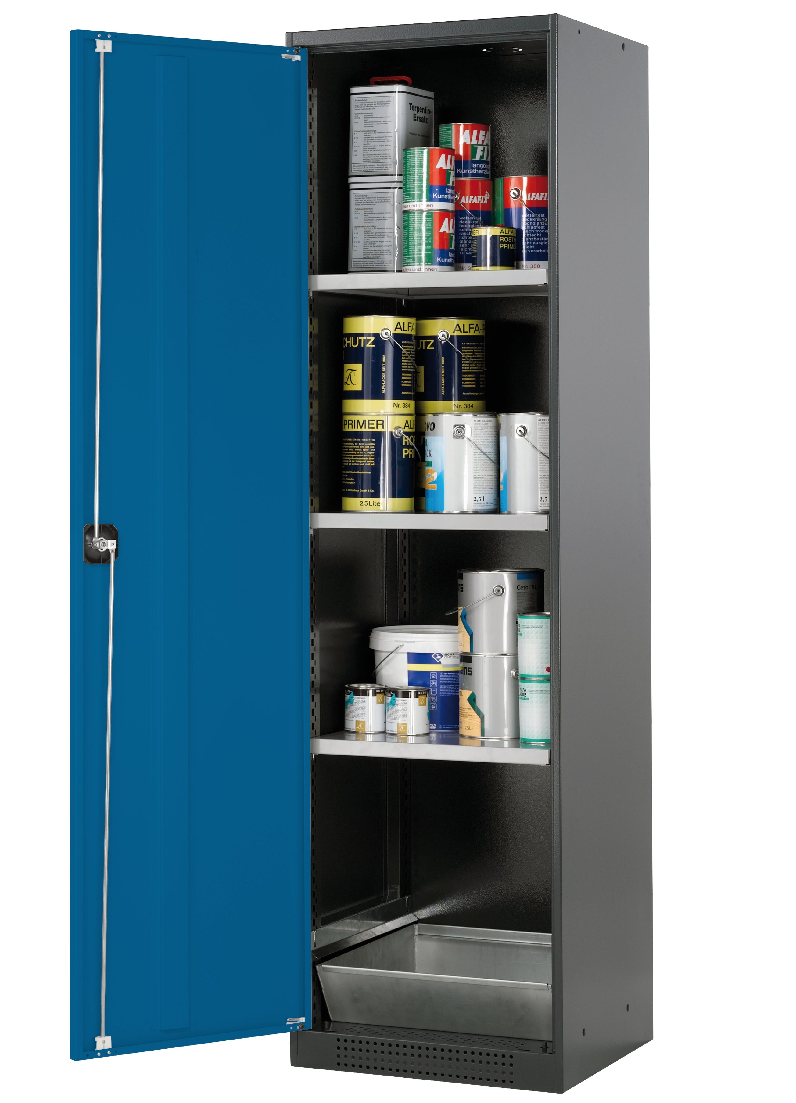 Chemical cabinet CS-CLASSIC model CS.195.054 in gentian blue RAL 5010 with 3x standard shelves (sheet steel)
