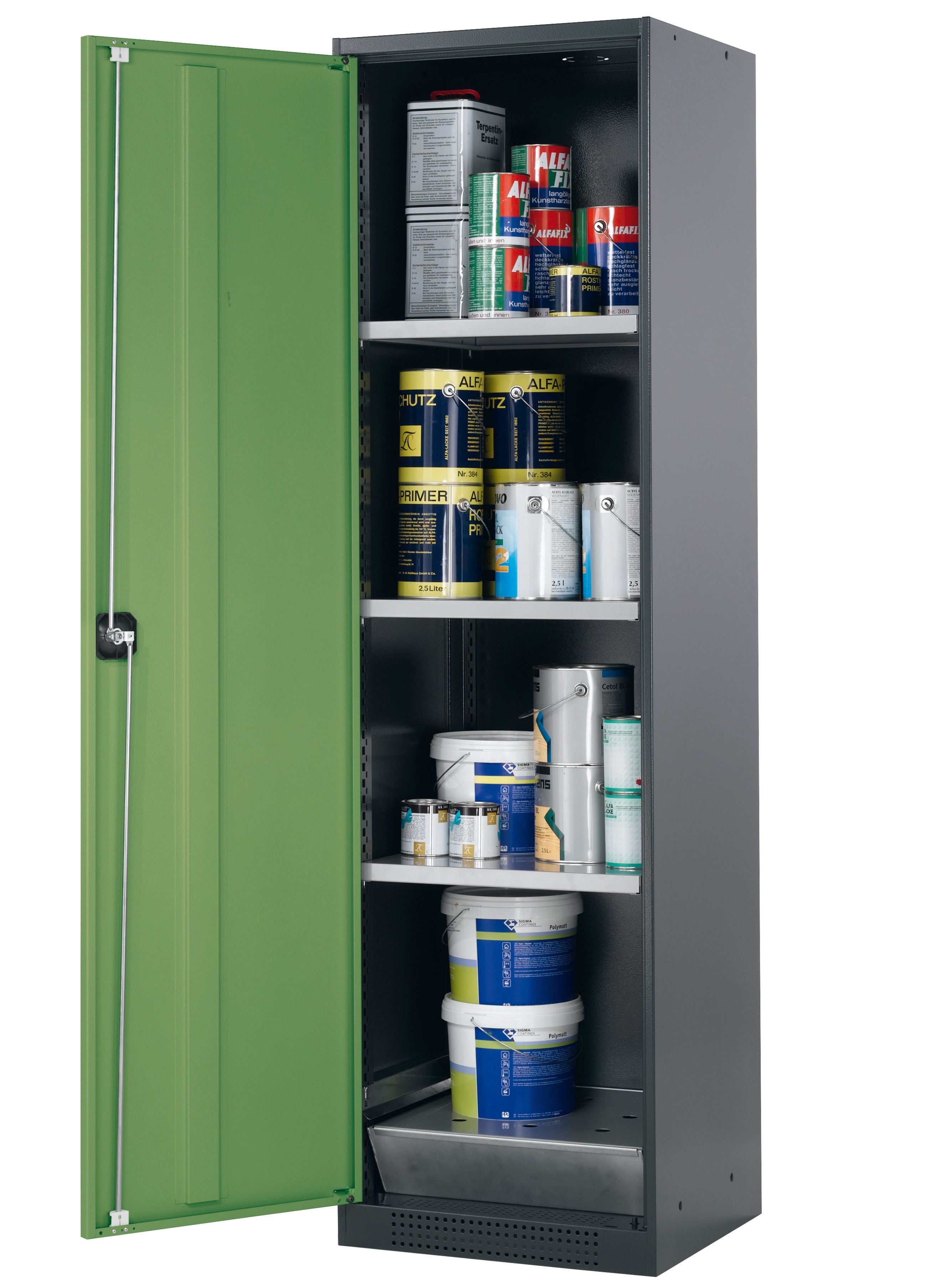 Chemical cabinet CS-CLASSIC model CS.195.054 in reseda green RAL 6011 with 3x standard shelves (sheet steel)