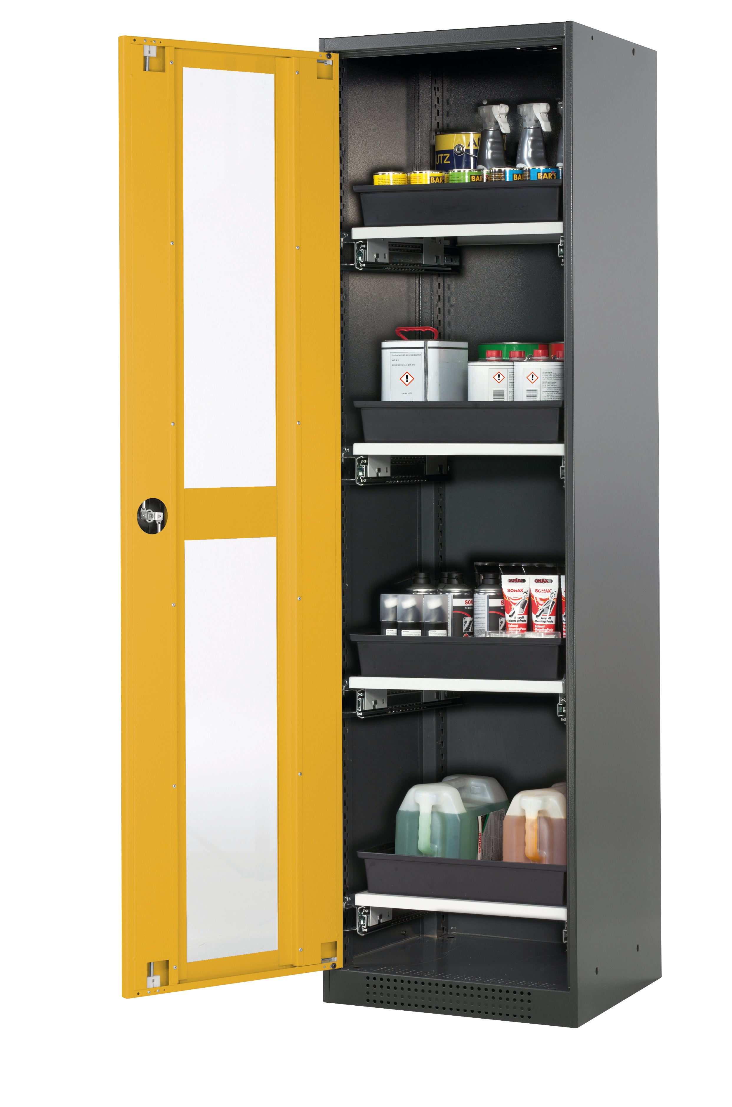 Chemical cabinet CS-CLASSIC-G model CS.195.054.WDFW in safety yellow RAL 1004 with 4x AbZ pull-out shelves (sheet steel/polypropylene)