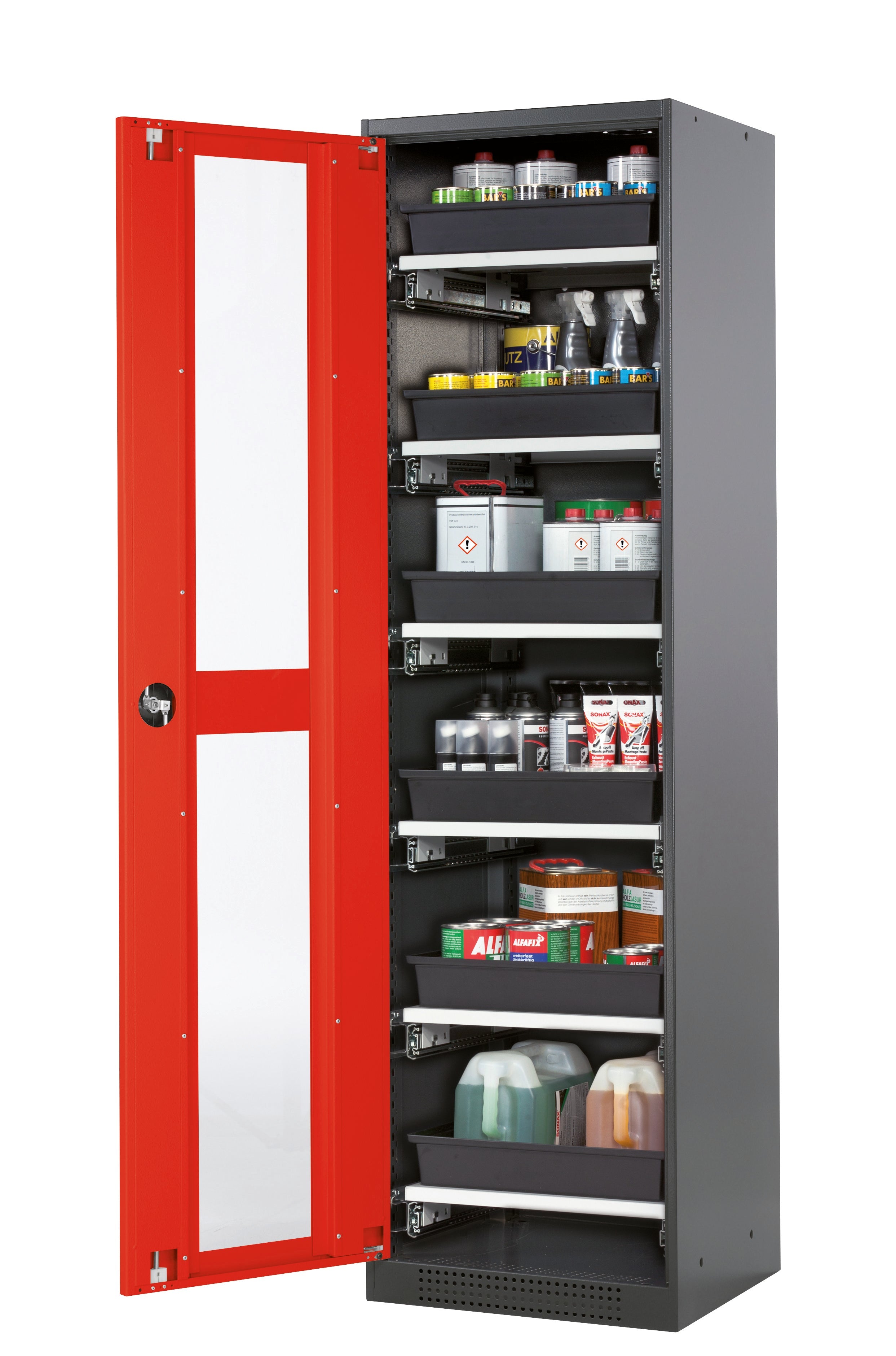 Chemical cabinet CS-CLASSIC-G model CS.195.054.WDFW in traffic red RAL 3020 with 6x AbZ pull-out shelves (sheet steel/polypropylene)