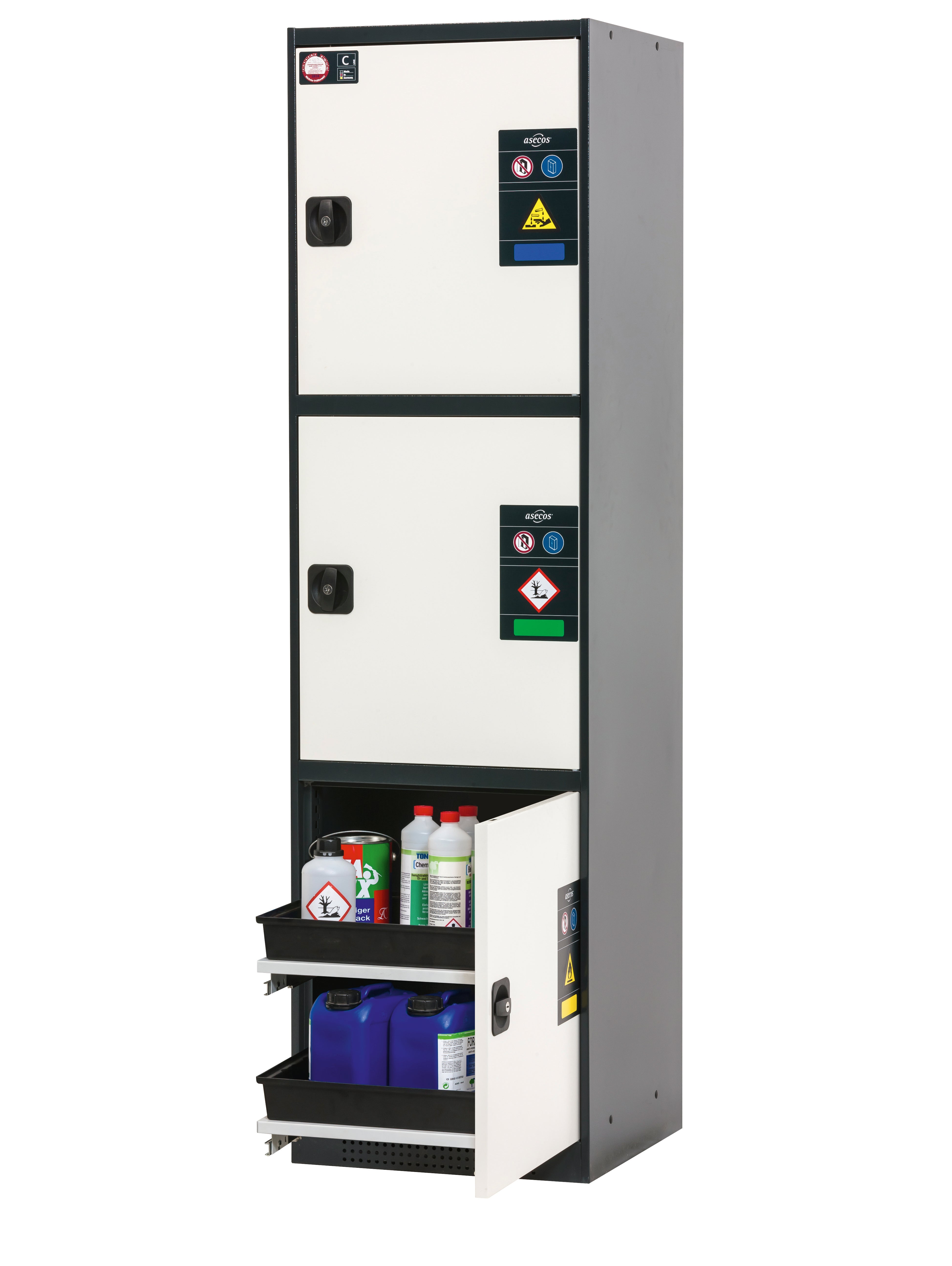 Chemical cabinet CS-CLASSIC-MultiRisk model CS.195.054.MH.3WDR in pure white RAL 9010 with 6x AbZ shelf pull-outs (sheet steel/polypropylene)
