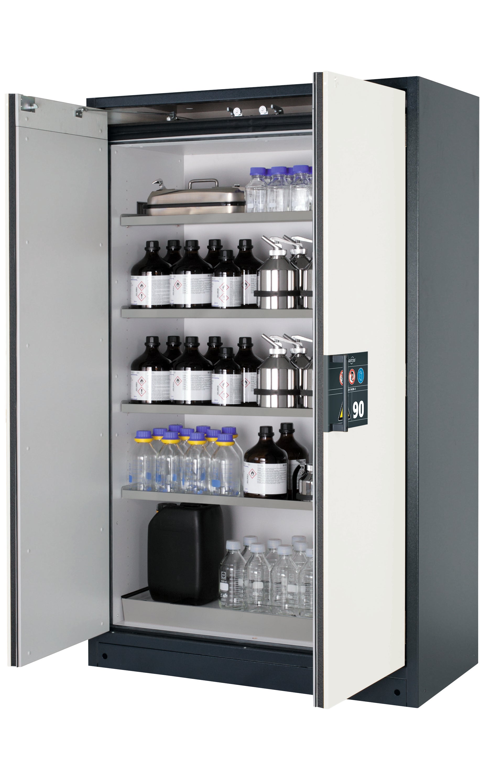 Type 90 safety storage cabinet Q-CLASSIC-90 model Q90.195.120 in pure white RAL 9010 with 4x shelf standard (stainless steel 1.4301),