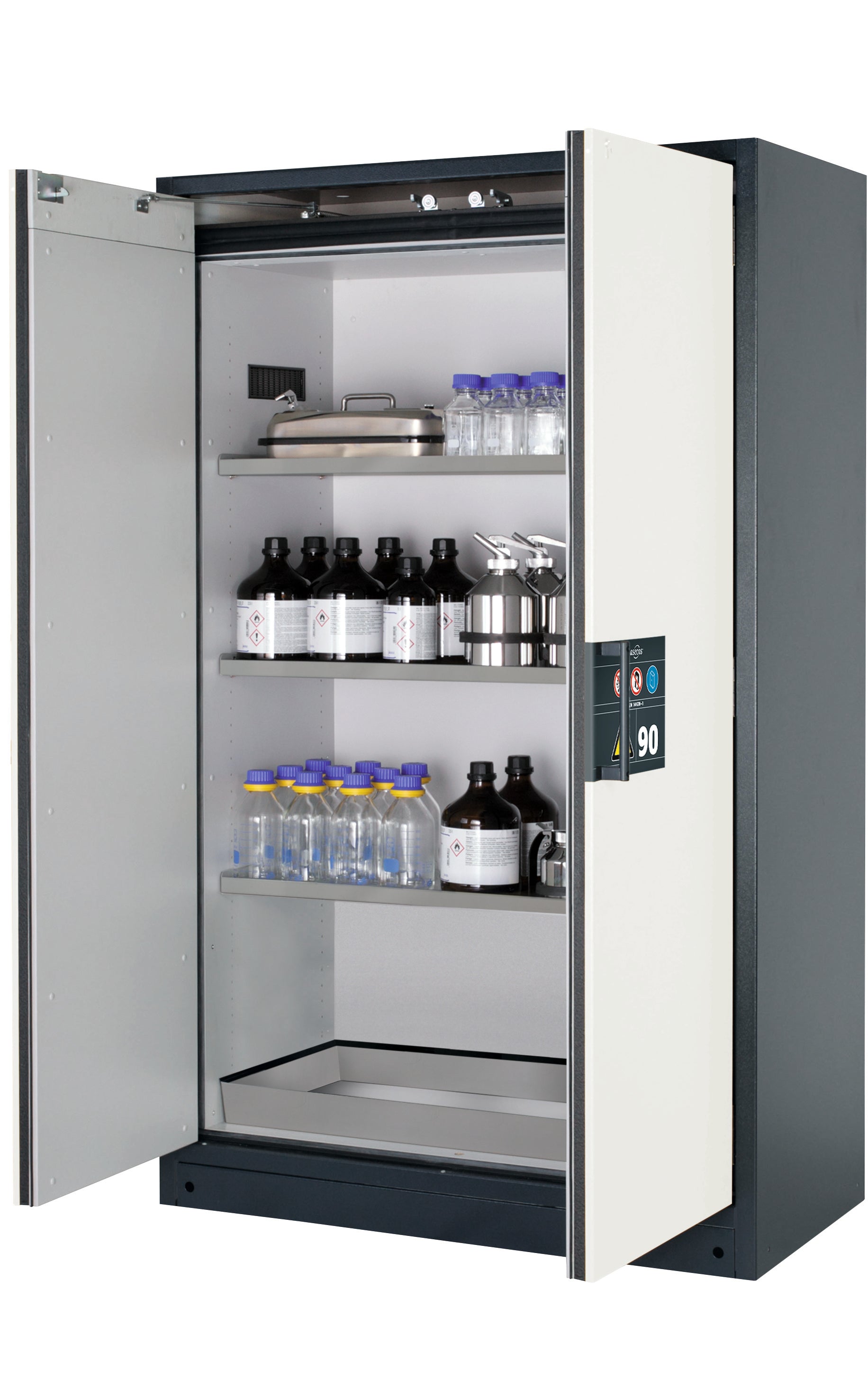 Type 90 safety storage cabinet Q-CLASSIC-90 model Q90.195.120 in pure white RAL 9010 with 3x shelf standard (stainless steel 1.4301),