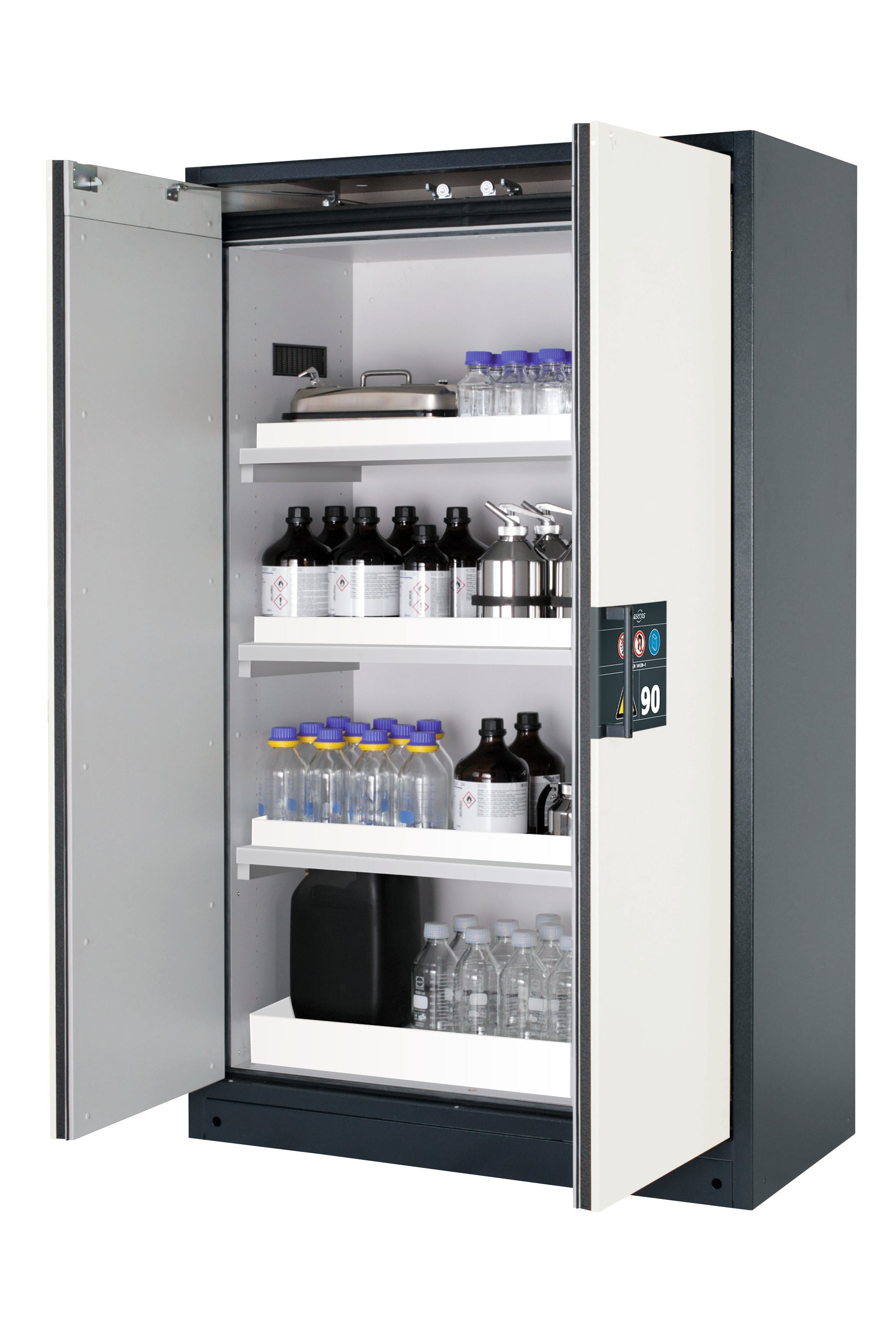 Type 90 safety storage cabinet Q-CLASSIC-90 model Q90.195.120 in pure white RAL 9010 with 3x tray shelf (standard) (polypropylene),