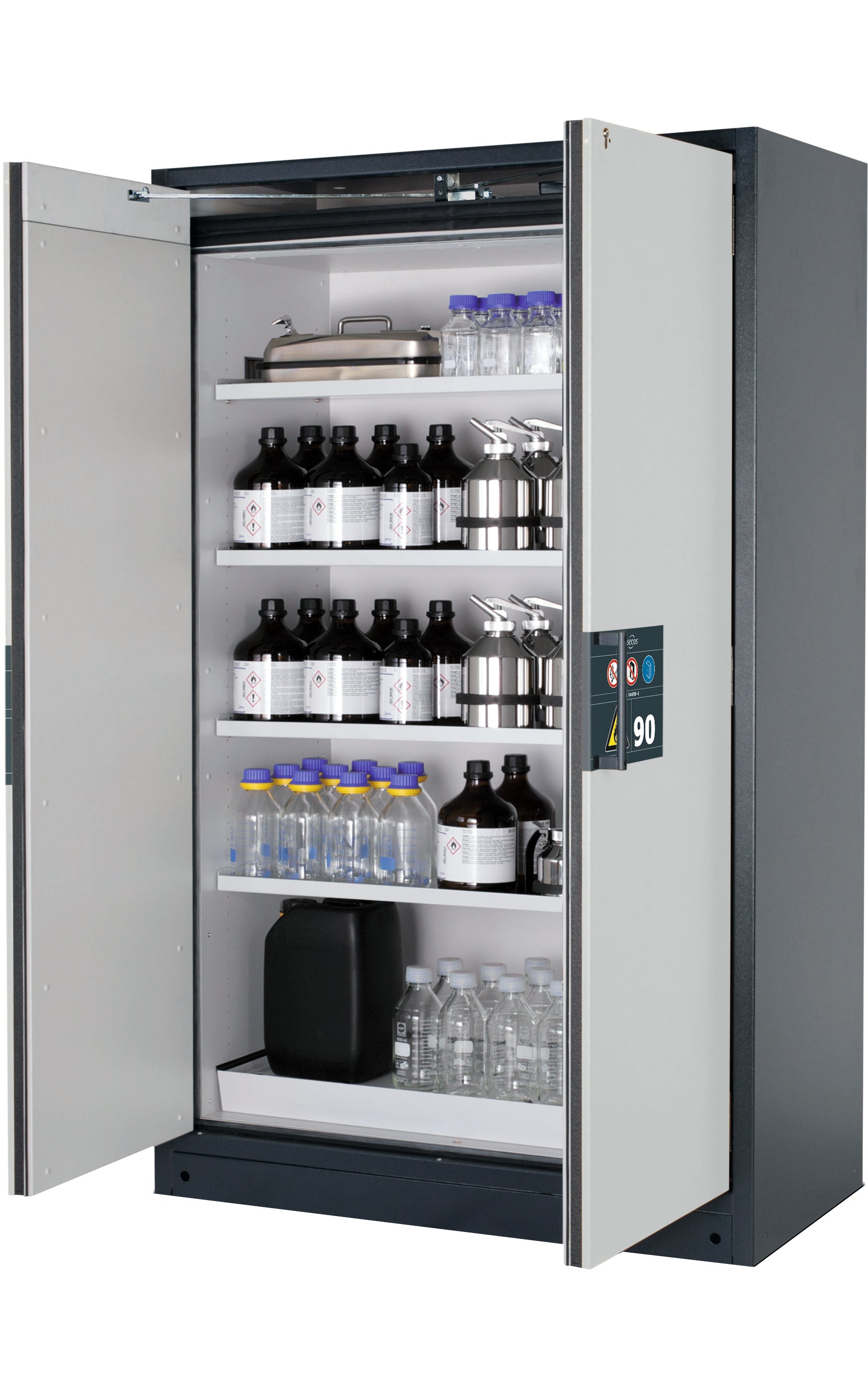 Type 90 safety storage cabinet Q-PEGASUS-90 model Q90.195.120.WDAC in light grey RAL 7035 with 4x shelf standard (sheet steel),