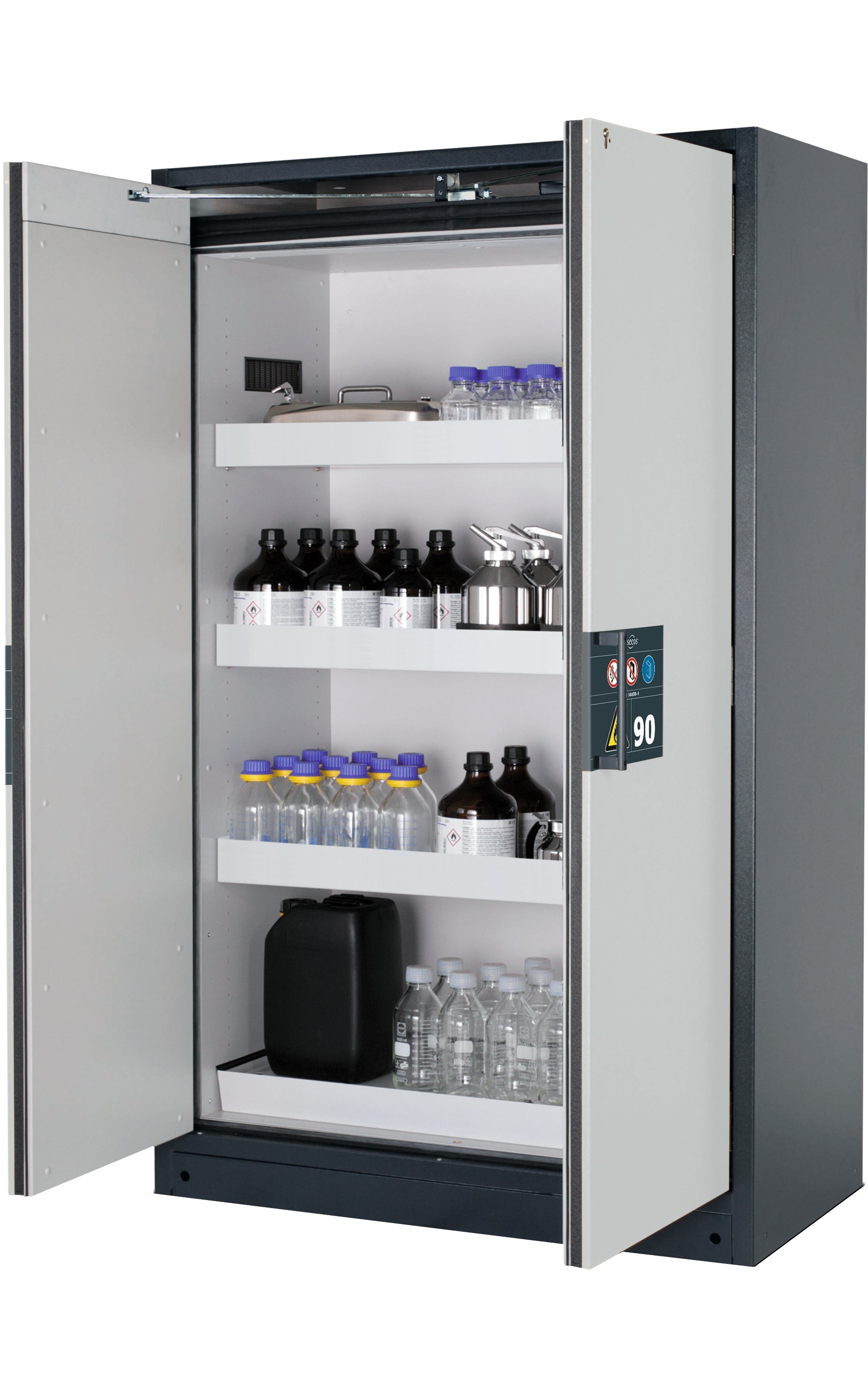 Type 90 safety storage cabinet Q-PEGASUS-90 model Q90.195.120.WDAC in light grey RAL 7035 with 3x tray shelf (standard) (sheet steel),