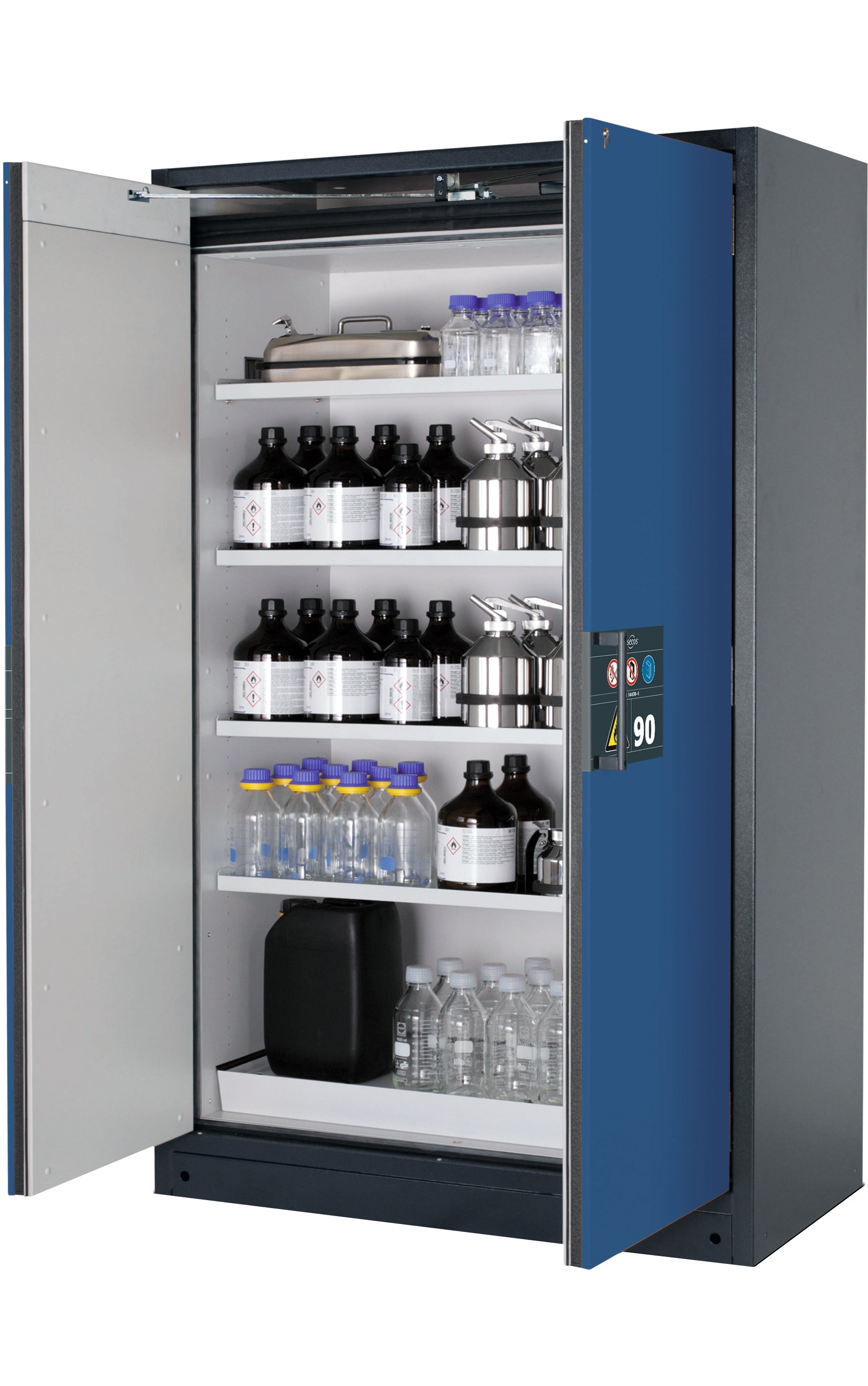 Type 90 safety storage cabinet Q-PEGASUS-90 model Q90.195.120.WDAC in gentian blue RAL 5010 with 4x shelf standard (sheet steel),