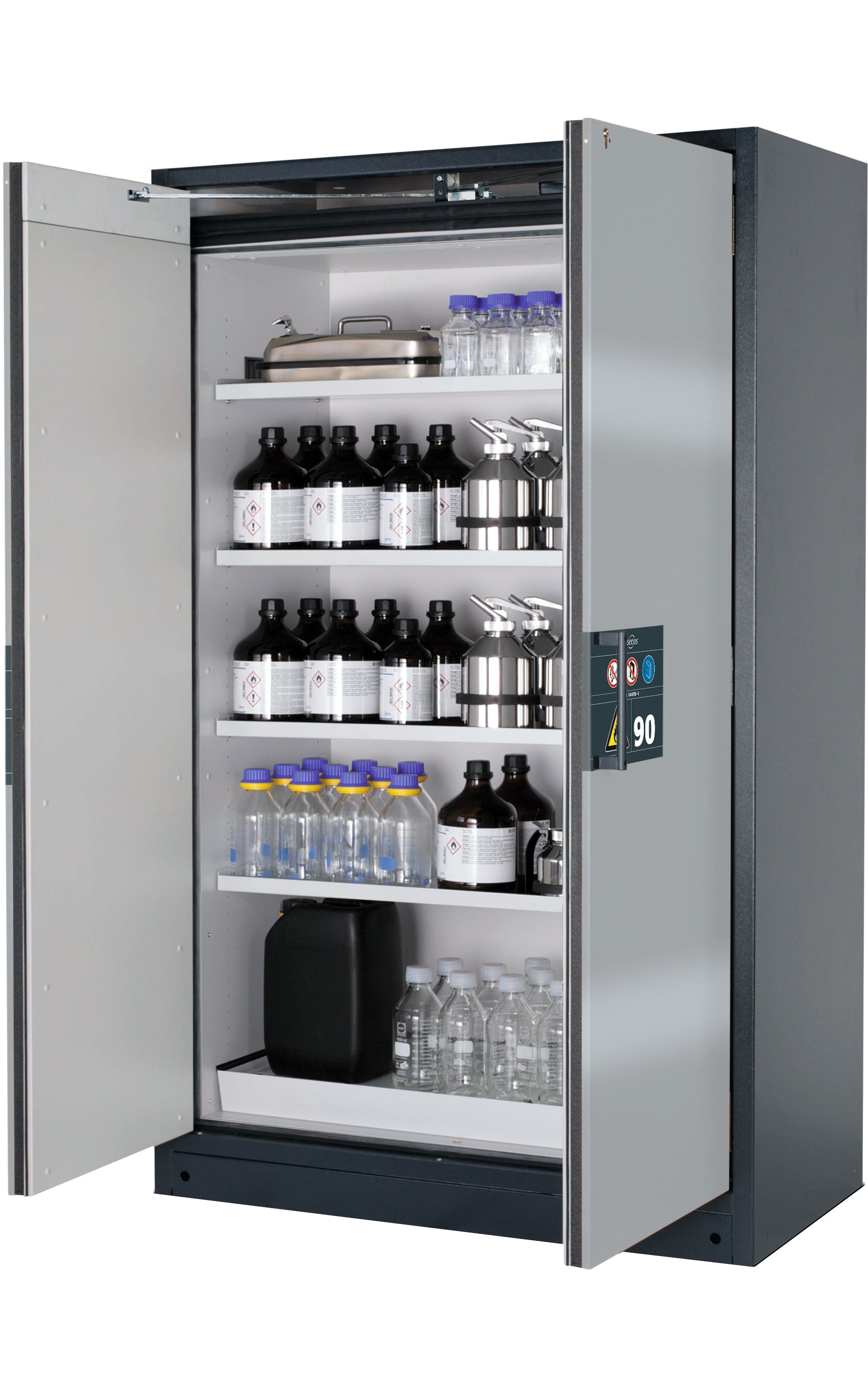 Type 90 safety storage cabinet Q-PEGASUS-90 model Q90.195.120.WDAC in asecos silver with 4x shelf standard (sheet steel),