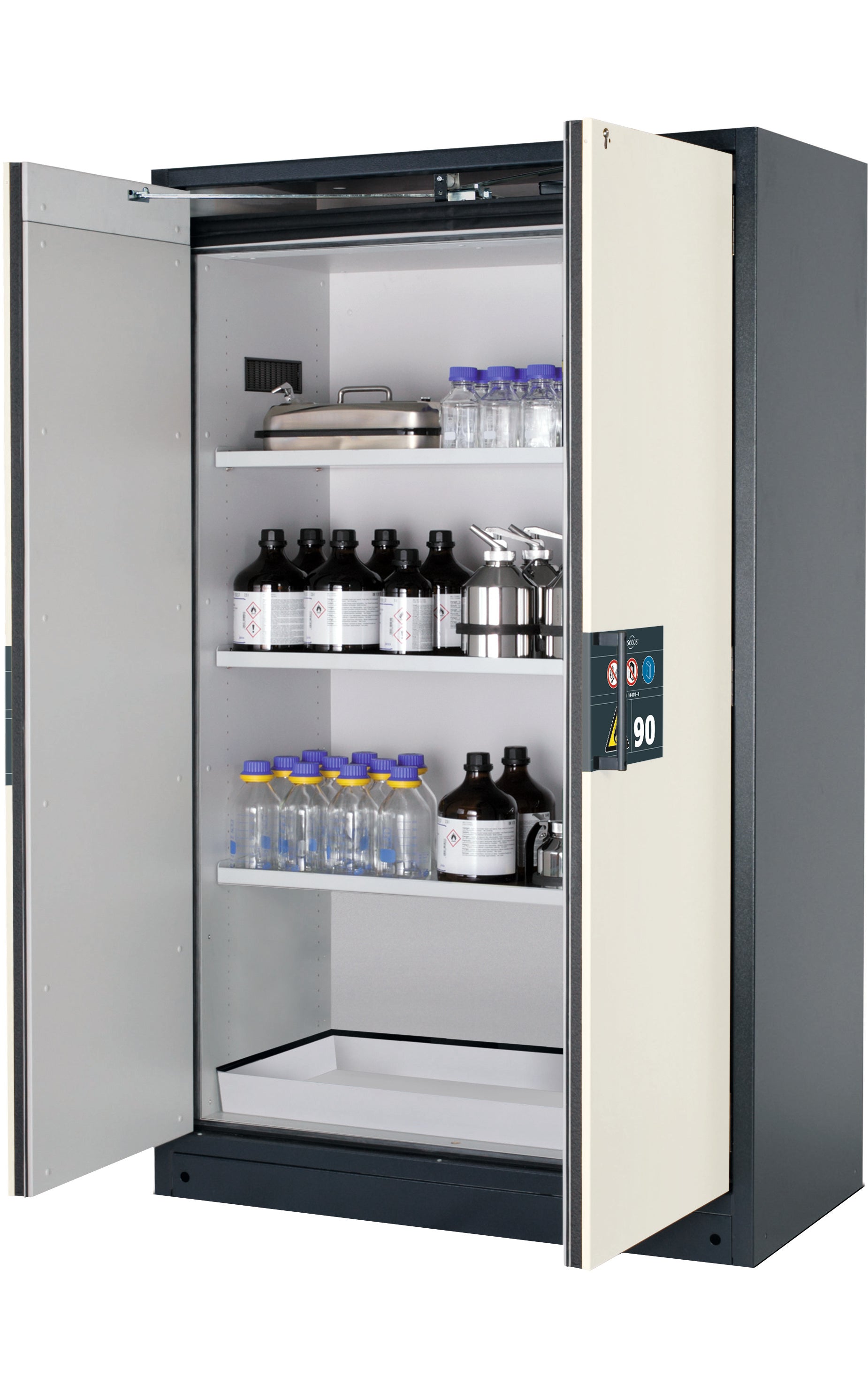 Type 90 safety storage cabinet Q-PEGASUS-90 model Q90.195.120.WDAC in pure white RAL 9010 with 3x shelf standard (sheet steel),