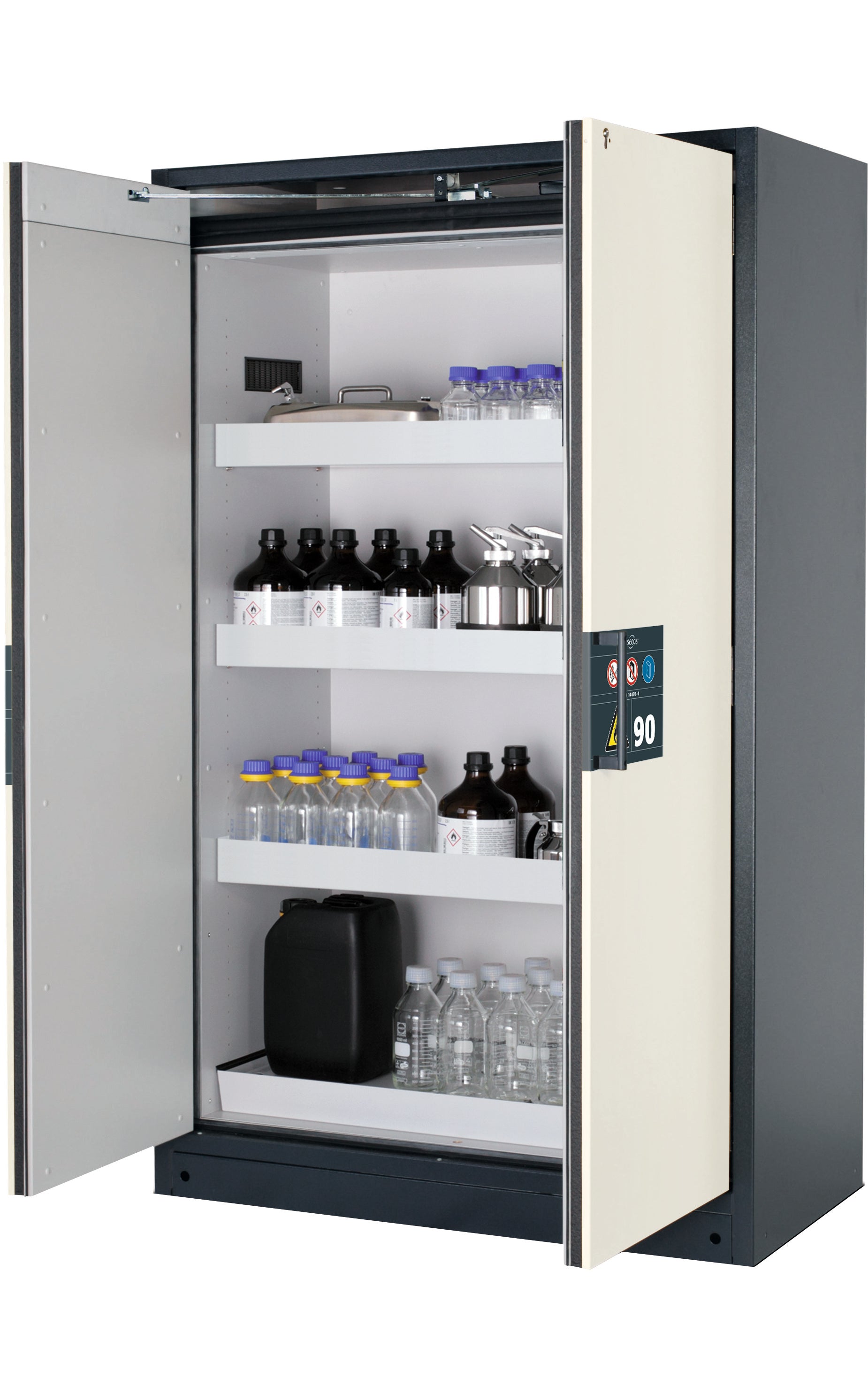 Type 90 safety storage cabinet Q-PEGASUS-90 model Q90.195.120.WDAC in pure white RAL 9010 with 3x tray shelf (standard) (sheet steel),