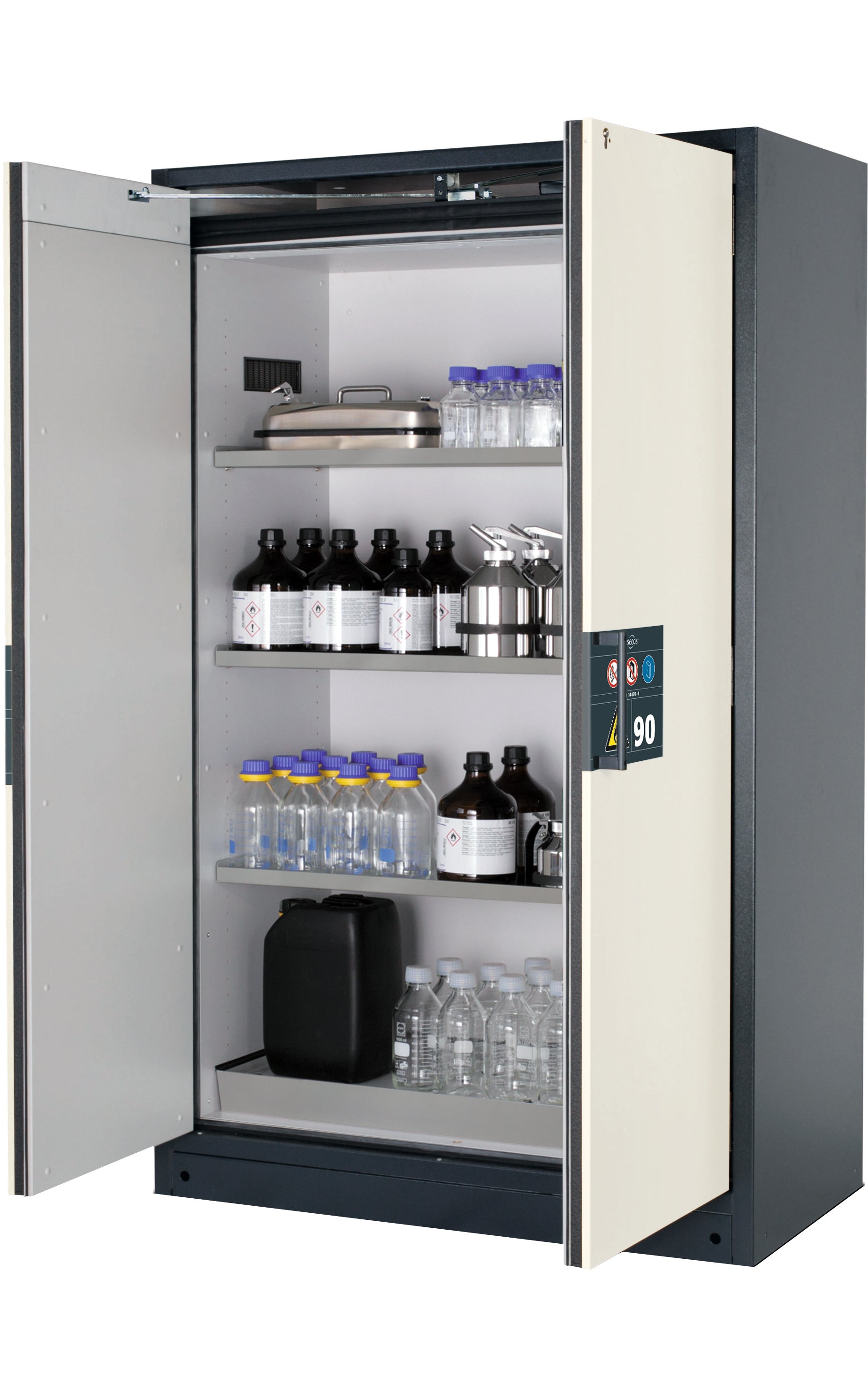 Type 90 safety storage cabinet Q-PEGASUS-90 model Q90.195.120.WDAC in pure white RAL 9010 with 3x shelf standard (stainless steel 1.4301),