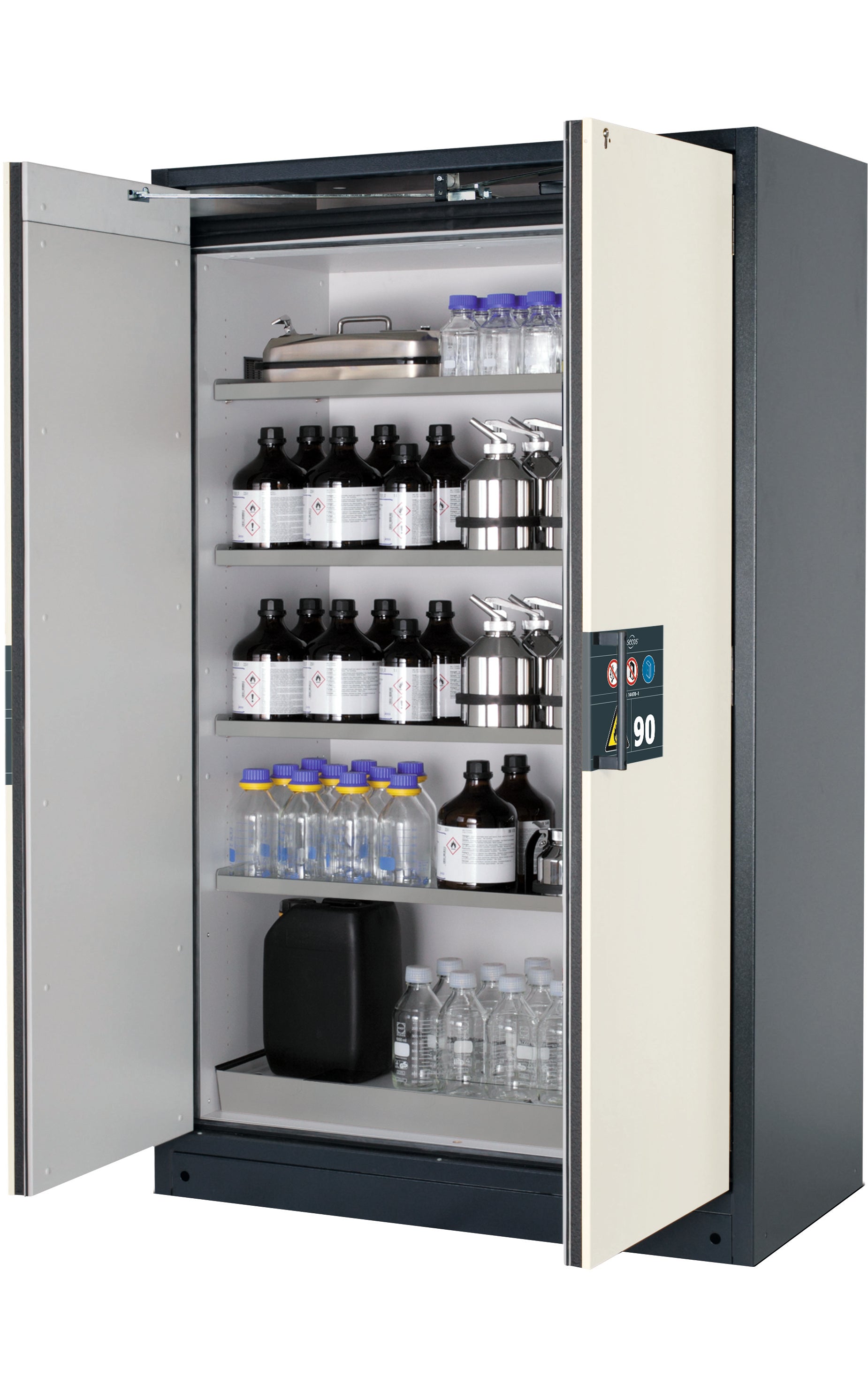 Type 90 safety storage cabinet Q-PEGASUS-90 model Q90.195.120.WDAC in pure white RAL 9010 with 4x shelf standard (stainless steel 1.4301),