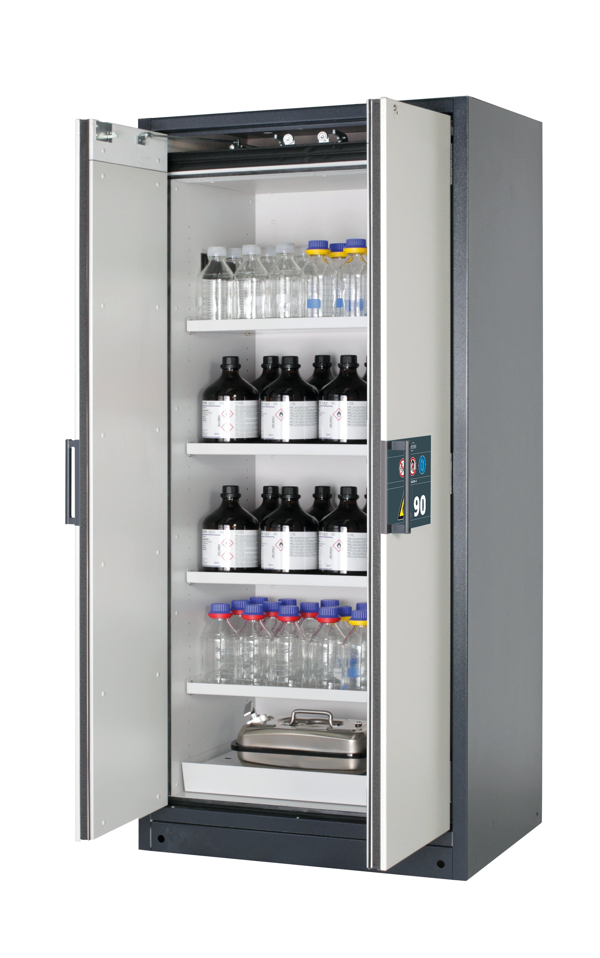 Type 90 safety storage cabinet Q-CLASSIC-90 model Q90.195.090 in light grey RAL 7035 with 4x shelf standard (sheet steel),