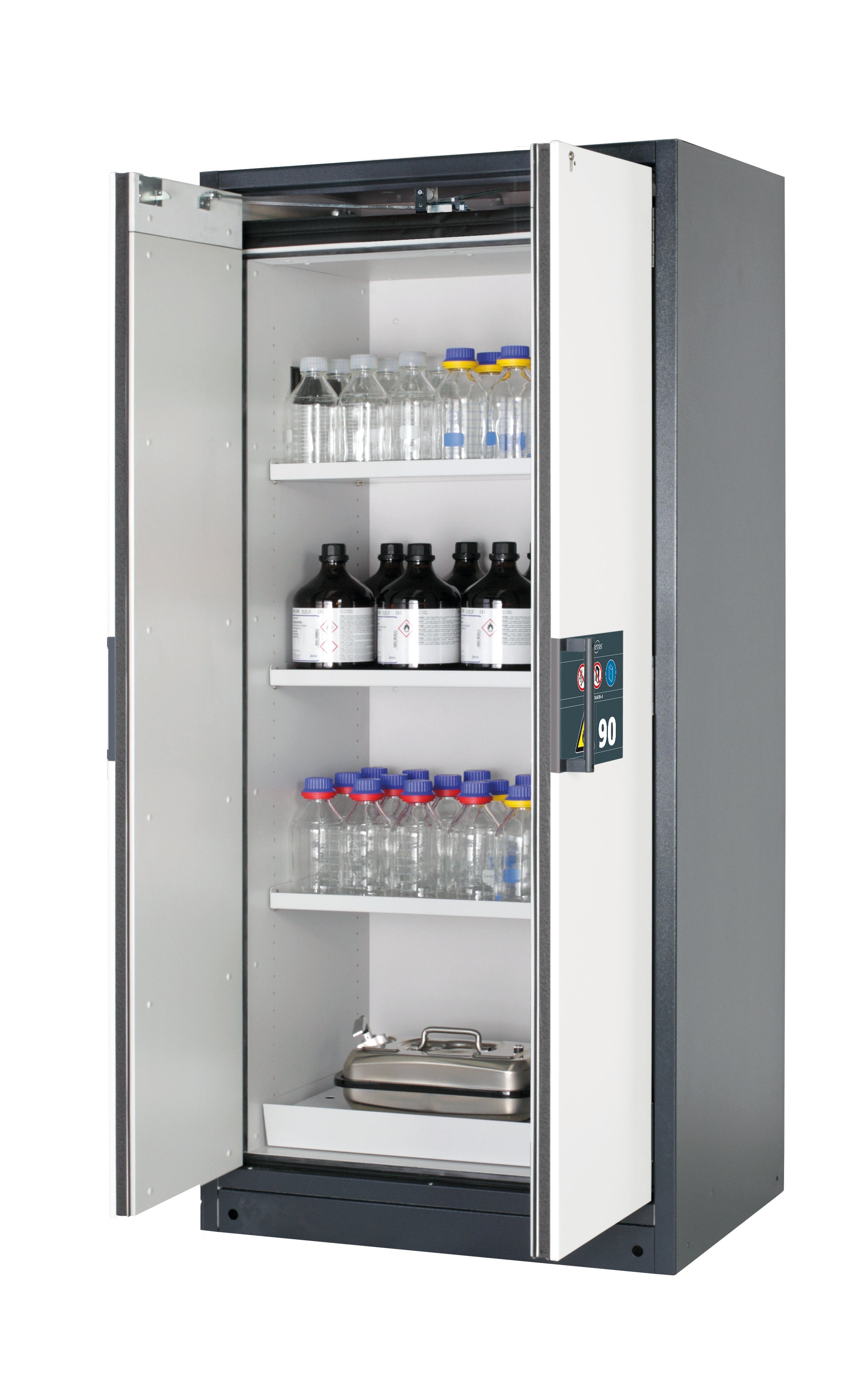Type 90 safety storage cabinet Q-PEGASUS-90 model Q90.195.090.WDAC in pure white RAL 9010 with 3x shelf standard (sheet steel),