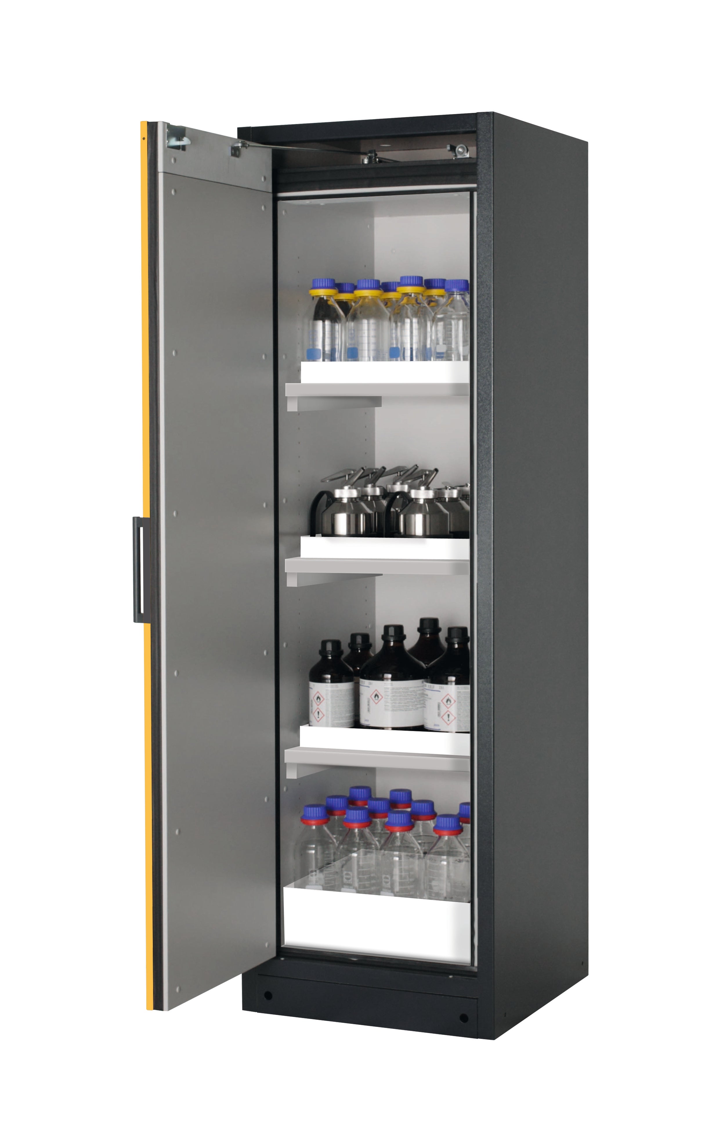 Type 90 safety storage cabinet Q-PEGASUS-90 model Q90.195.060.WDAC in warning yellow RAL 1004 with 3x tray shelf (standard) (polypropylene),