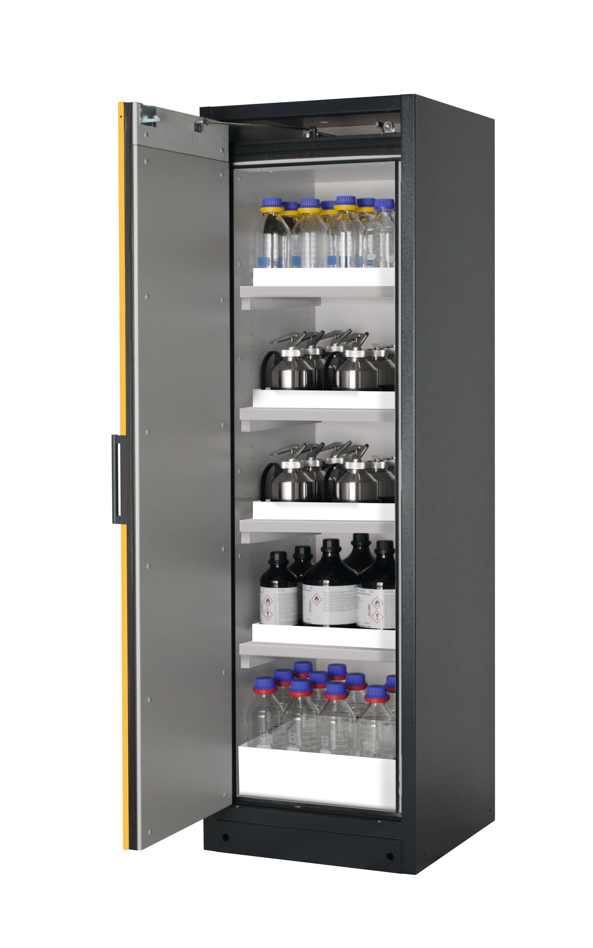 Type 90 safety storage cabinet Q-CLASSIC-90 model Q90.195.060 in warning yellow RAL 1004 with 4x tray shelf (standard) (polypropylene),