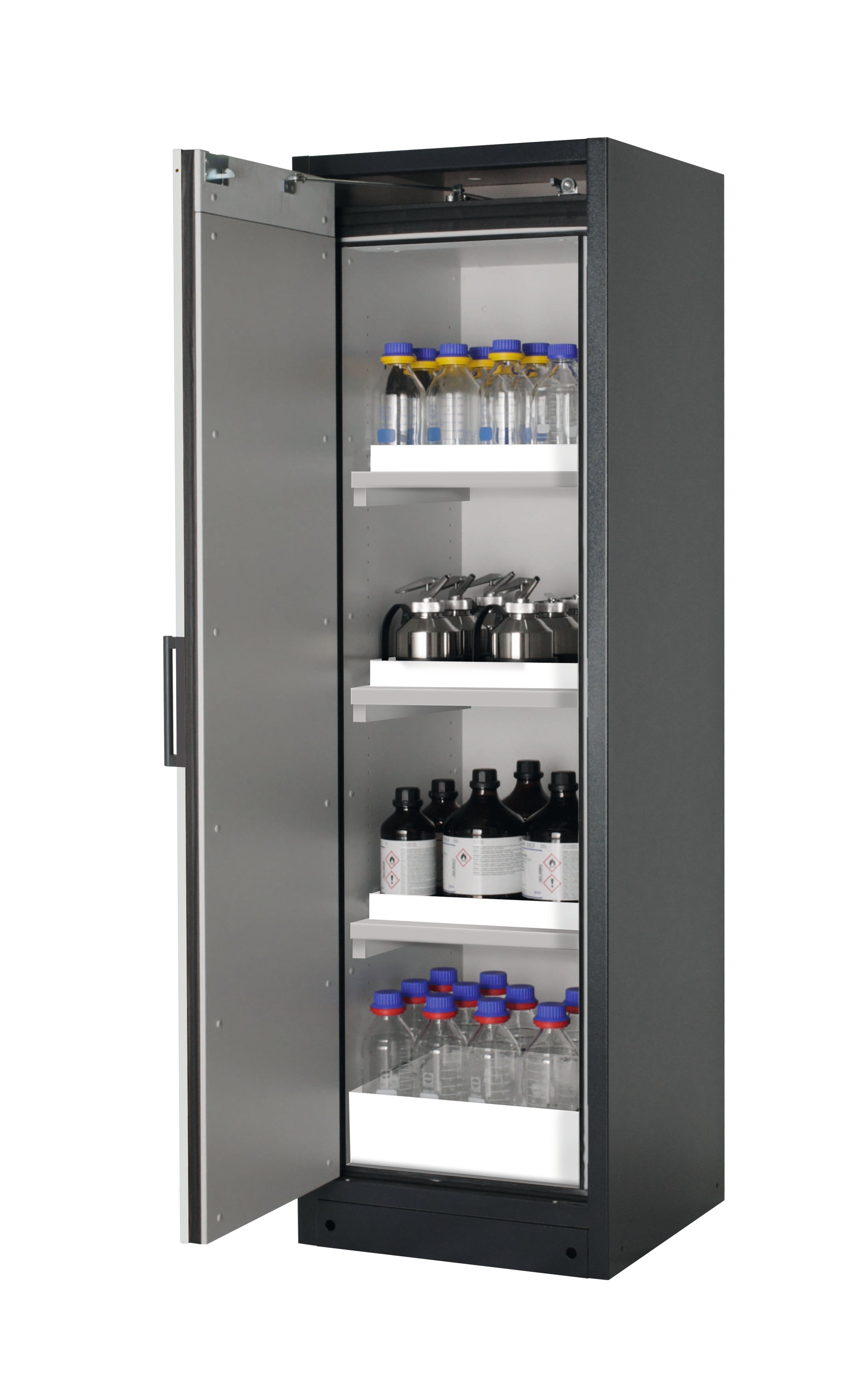 Type 90 safety storage cabinet Q-PEGASUS-90 model Q90.195.060.WDAC in light grey RAL 7035 with 3x tray shelf (standard) (polypropylene),