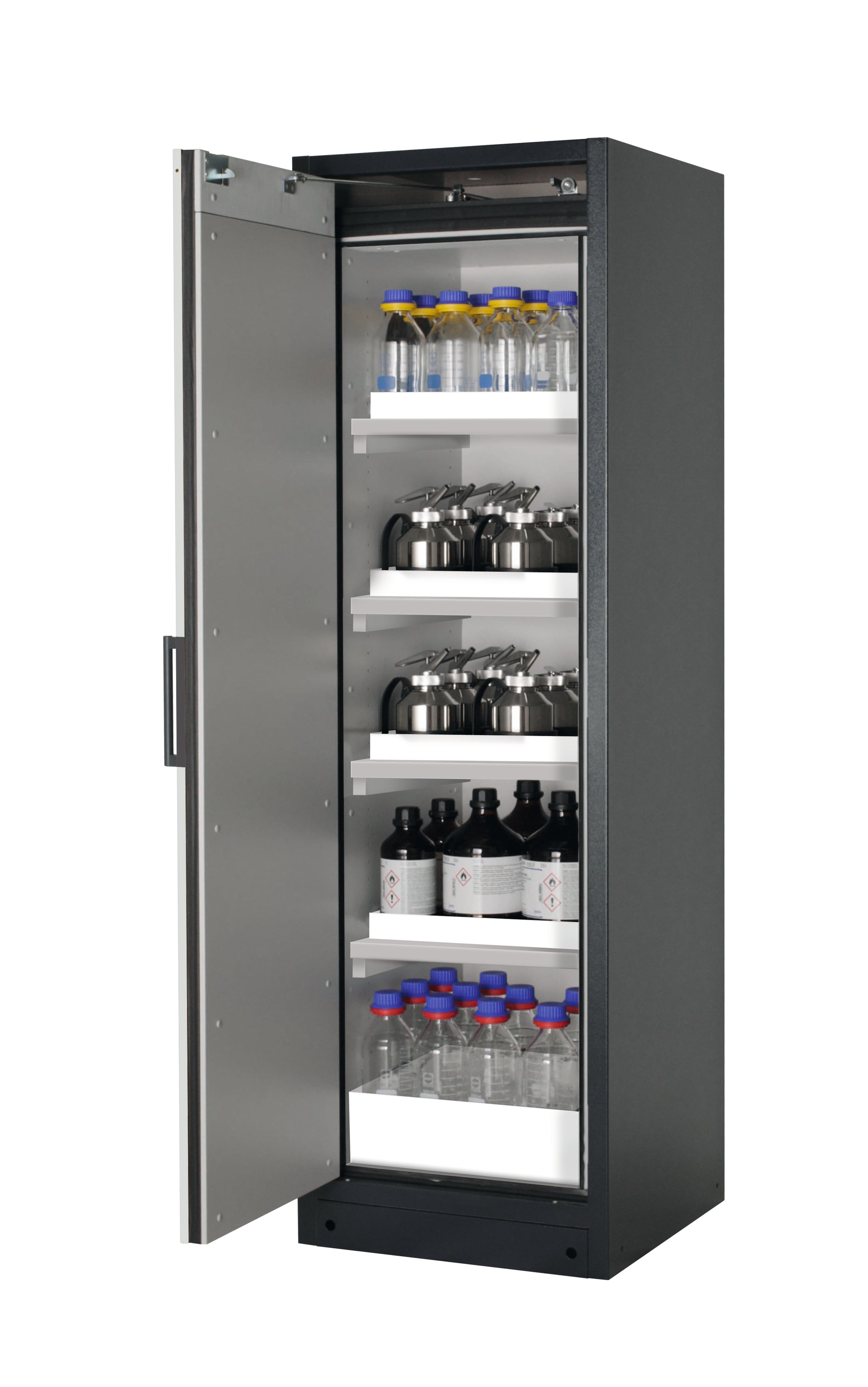 Type 90 safety storage cabinet Q-PEGASUS-90 model Q90.195.060.WDAC in light grey RAL 7035 with 4x tray shelf (standard) (polypropylene),