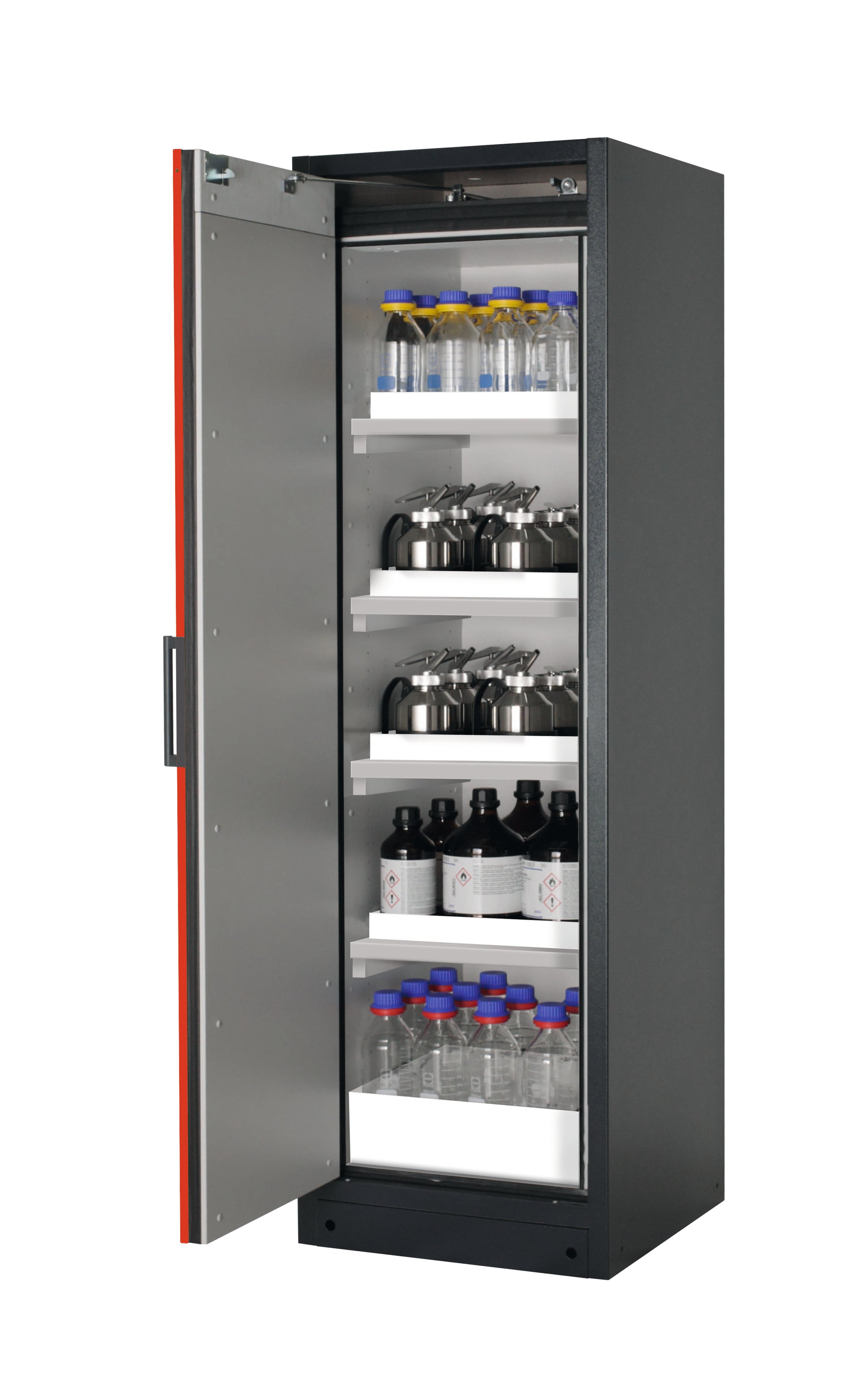 Type 90 safety storage cabinet Q-PEGASUS-90 model Q90.195.060.WDAC in traffic red RAL 3020 with 4x tray shelf (standard) (polypropylene),