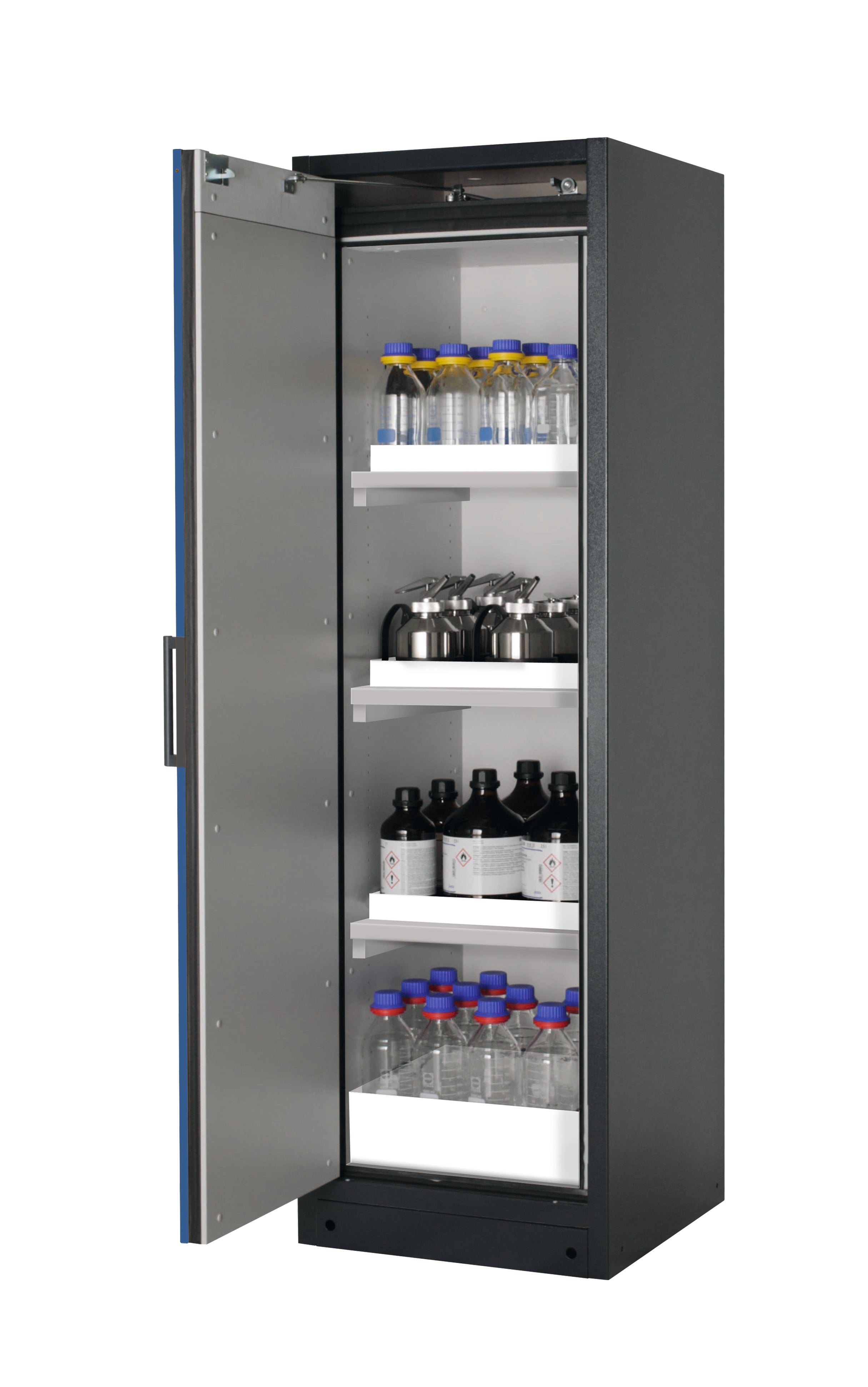 Type 90 safety storage cabinet Q-CLASSIC-90 model Q90.195.060 in gentian blue RAL 5010 with 3x tray shelf (standard) (polypropylene),