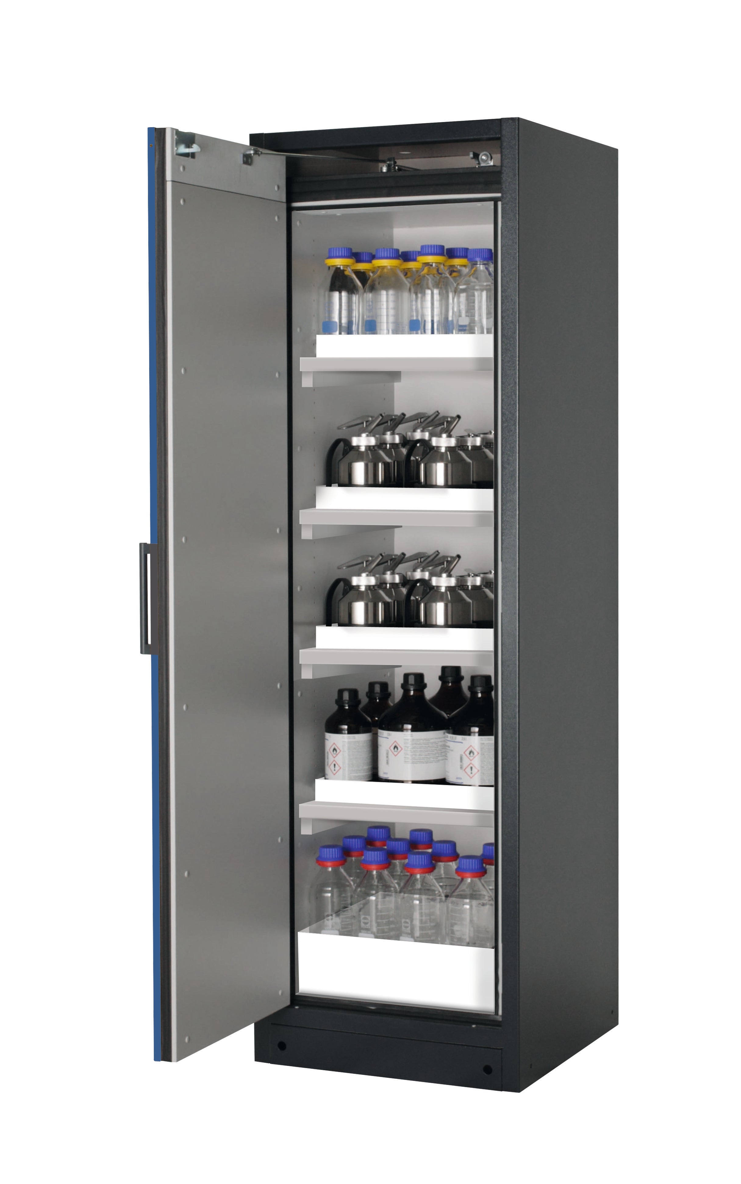 Type 90 safety storage cabinet Q-CLASSIC-90 model Q90.195.060 in gentian blue RAL 5010 with 4x tray shelf (standard) (polypropylene),