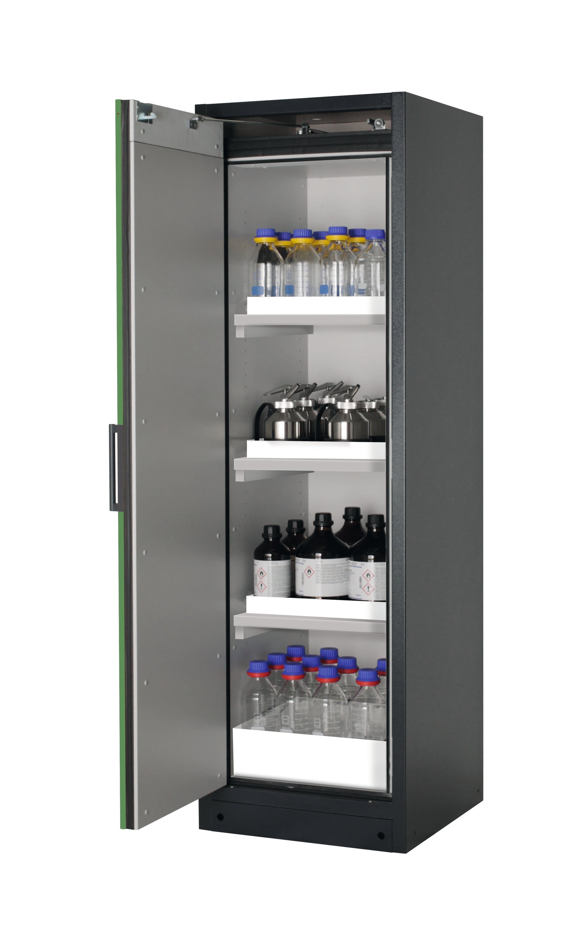 Type 90 safety storage cabinet Q-PEGASUS-90 model Q90.195.060.WDAC in reseda green RAL 6011 with 3x tray shelf (standard) (polypropylene),