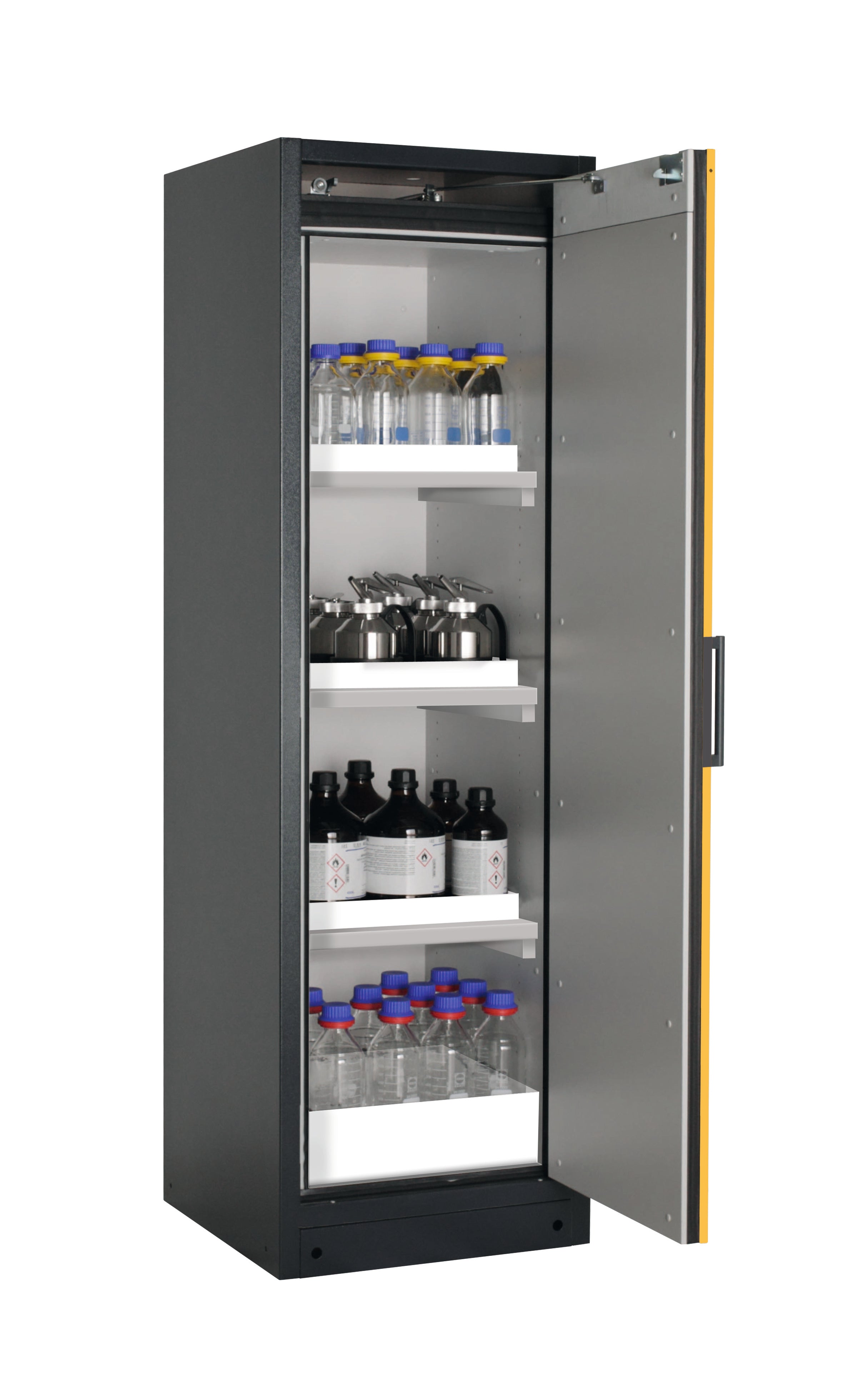 Type 90 safety storage cabinet Q-CLASSIC-90 model Q90.195.060.R in warning yellow RAL 1004 with 3x tray shelf (standard) (polypropylene),