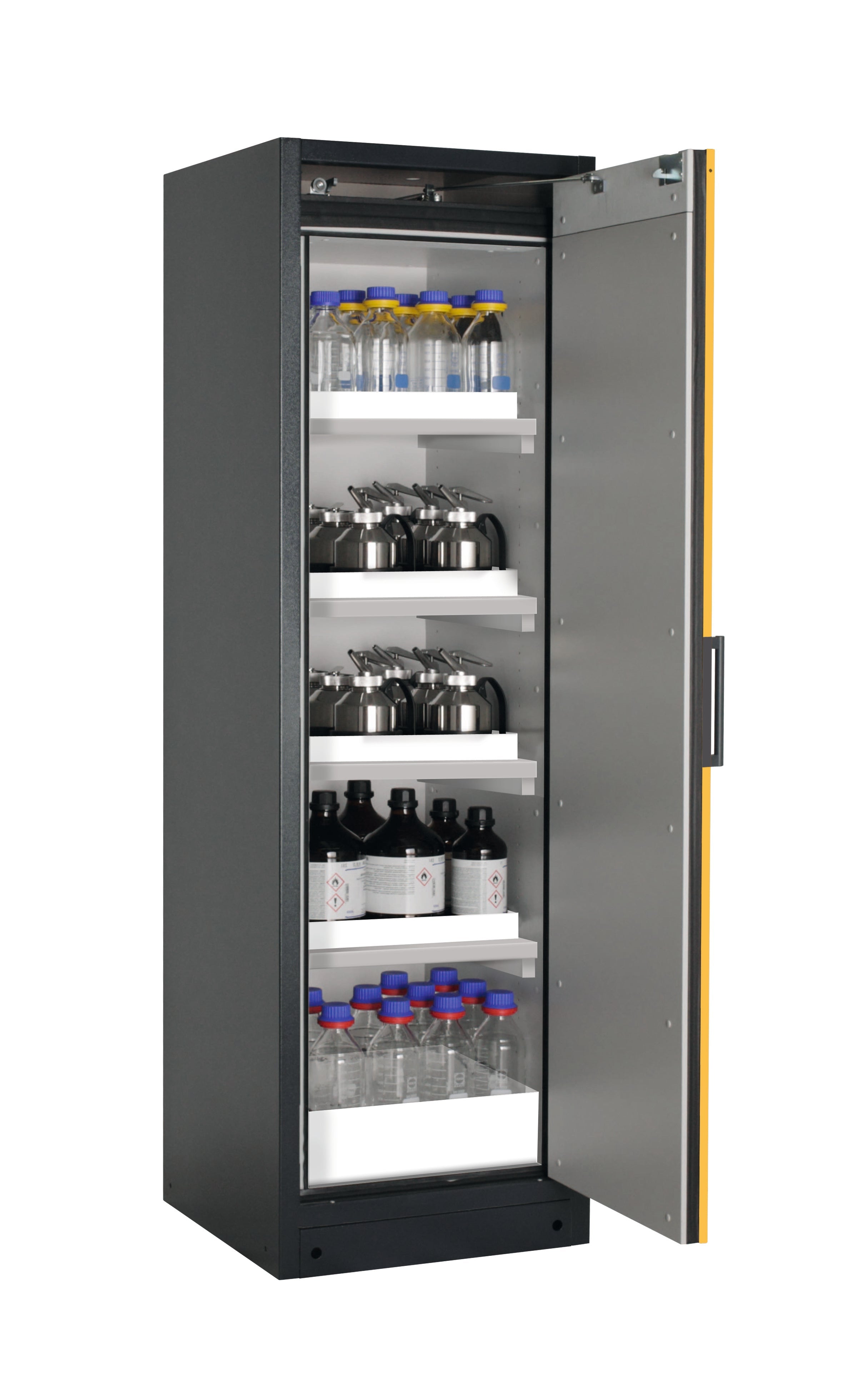 Type 90 safety storage cabinet Q-CLASSIC-90 model Q90.195.060.R in warning yellow RAL 1004 with 4x tray shelf (standard) (polypropylene),