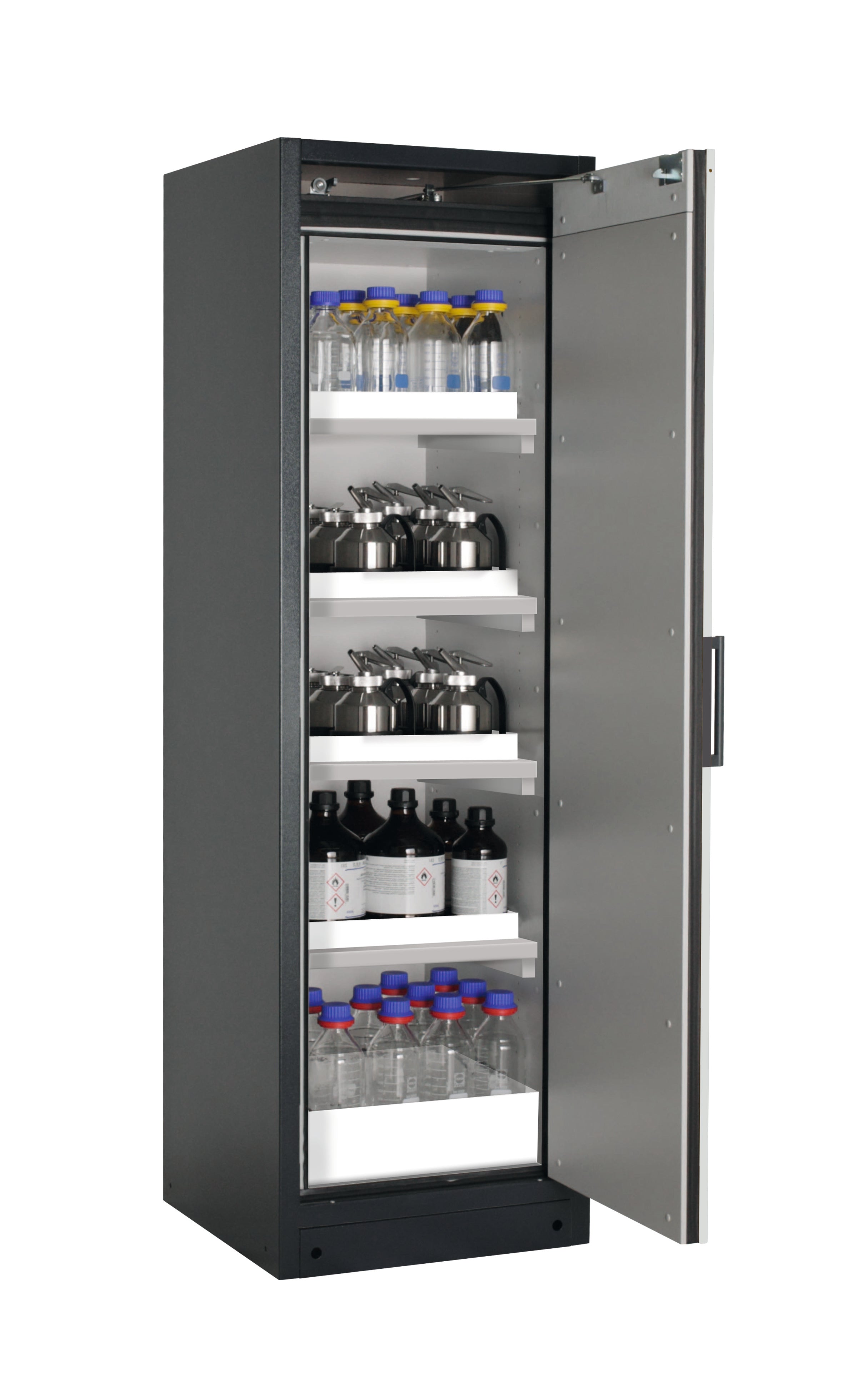 Type 90 safety storage cabinet Q-CLASSIC-90 model Q90.195.060.R in light grey RAL 7035 with 4x tray shelf (standard) (polypropylene),