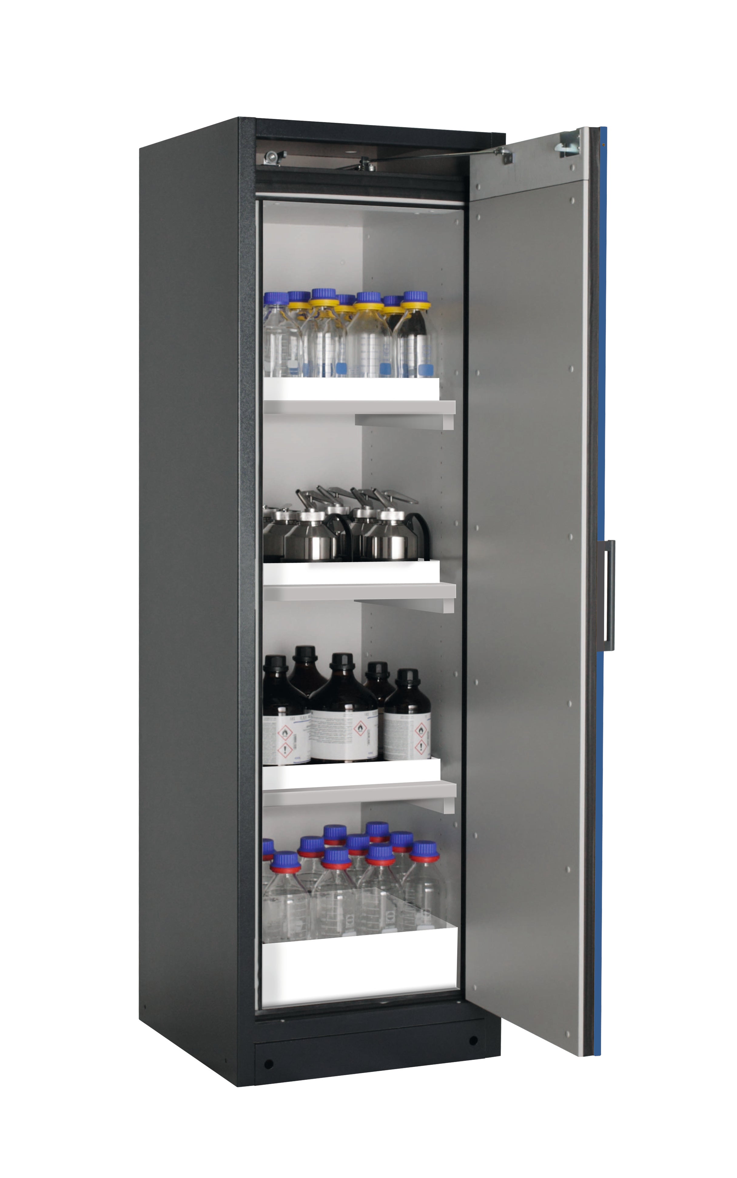Type 90 safety storage cabinet Q-CLASSIC-90 model Q90.195.060.R in gentian blue RAL 5010 with 3x tray shelf (standard) (polypropylene),