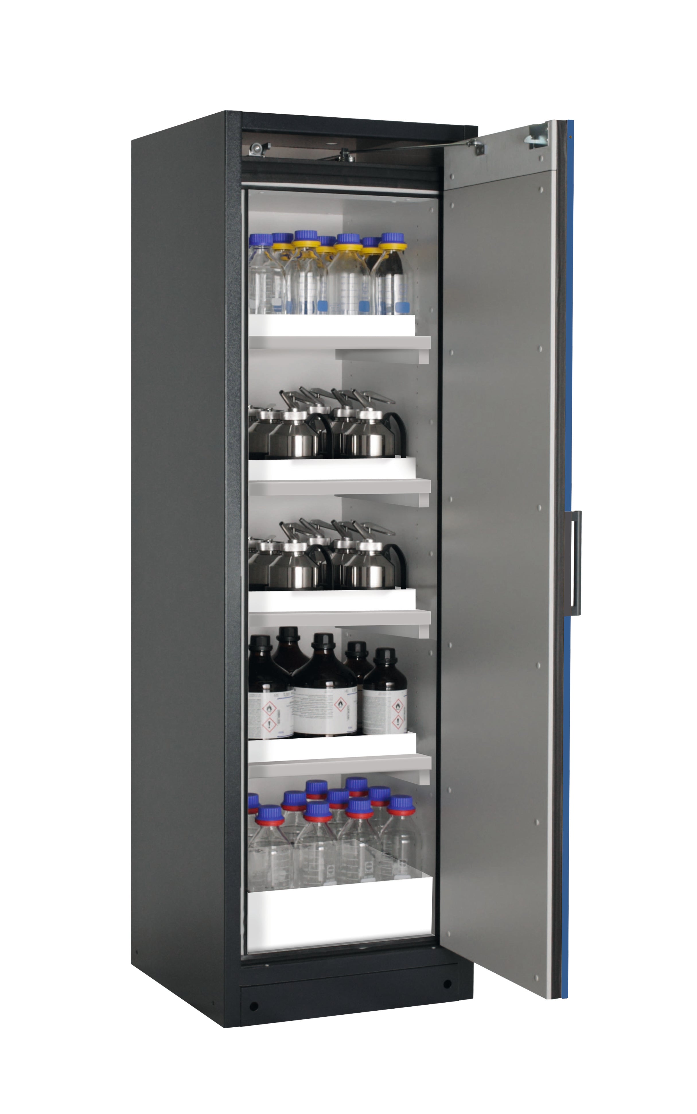 Type 90 safety storage cabinet Q-CLASSIC-90 model Q90.195.060.R in gentian blue RAL 5010 with 4x tray shelf (standard) (polypropylene),