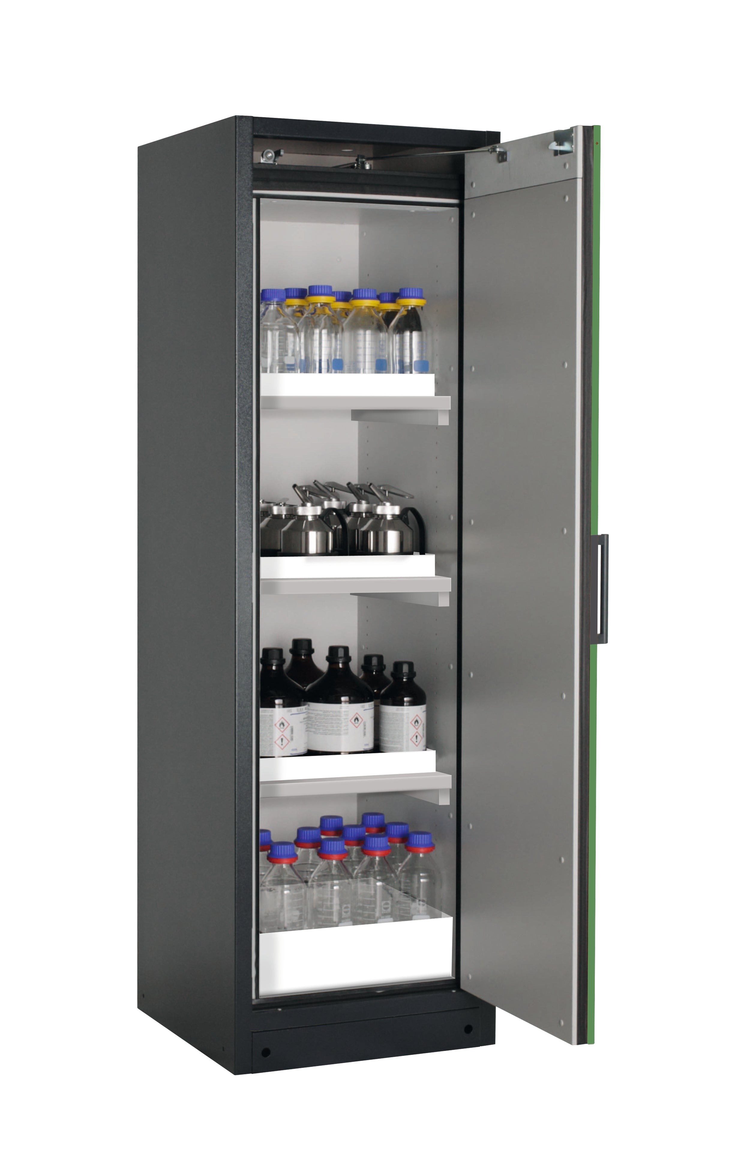 Type 90 safety storage cabinet Q-PEGASUS-90 model Q90.195.060.WDACR in reseda green RAL 6011 with 3x tray shelf (standard) (polypropylene),