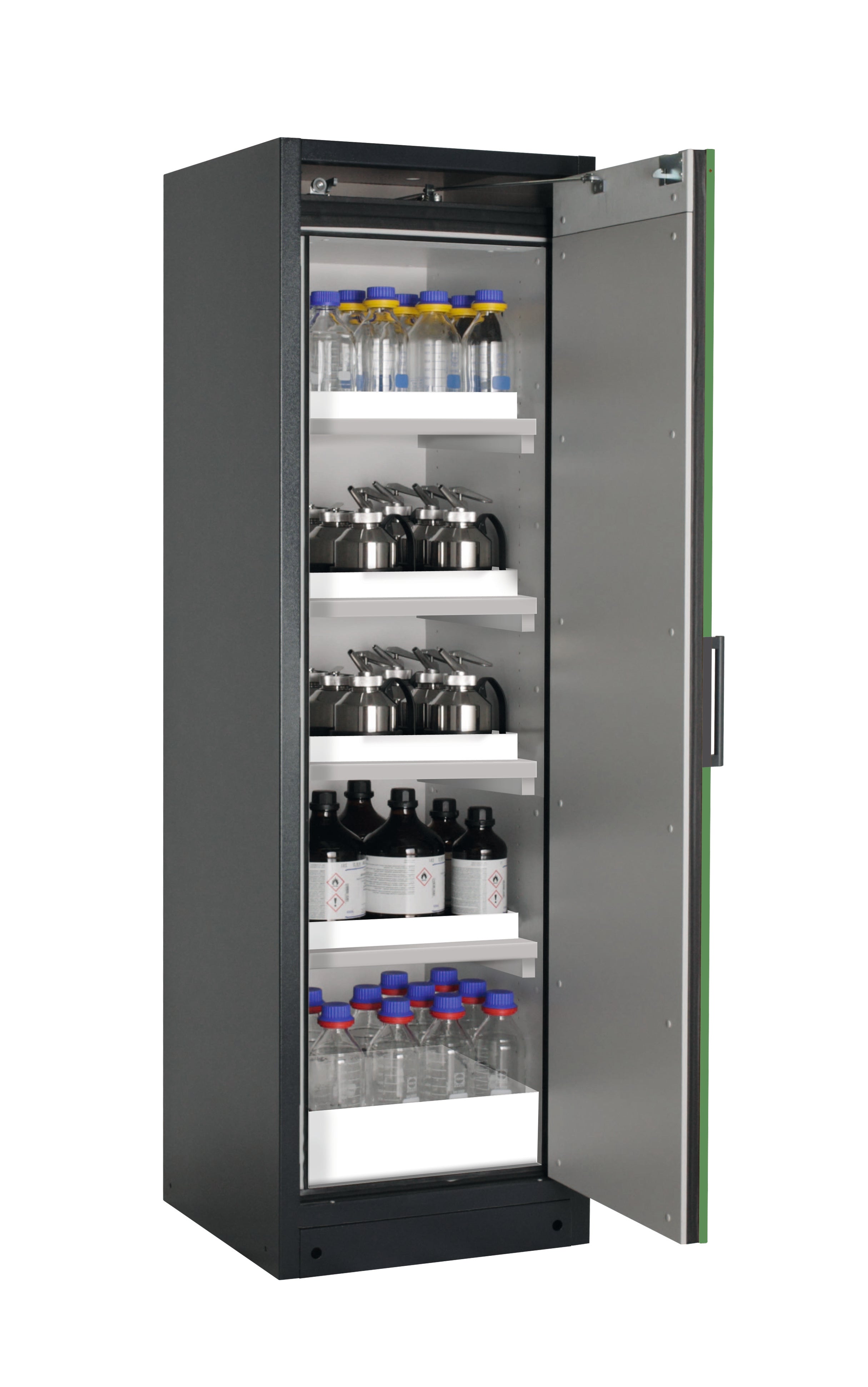 Type 90 safety storage cabinet Q-CLASSIC-90 model Q90.195.060.R in reseda green RAL 6011 with 4x tray shelf (standard) (polypropylene),