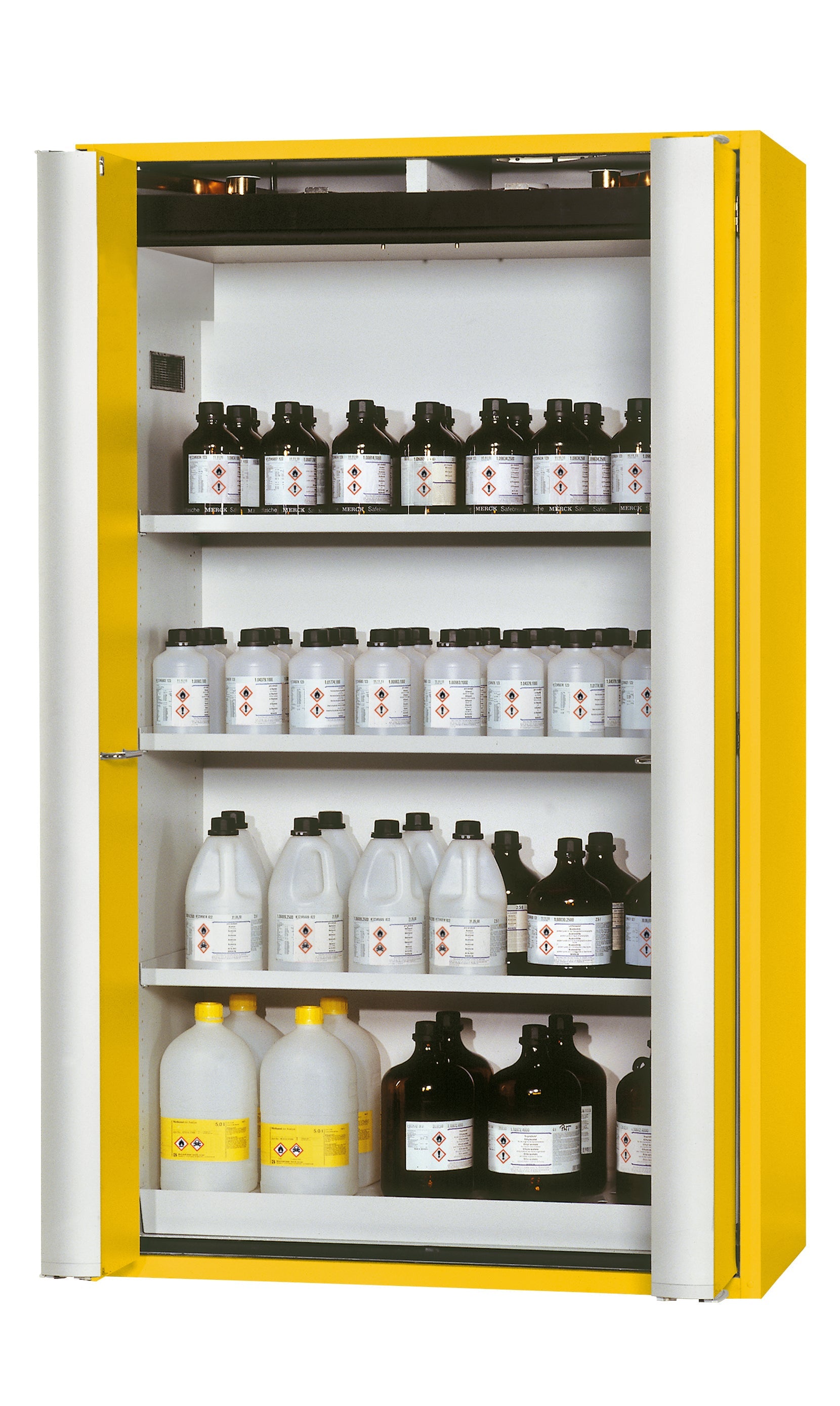 Type 90 safety storage cabinet S-PHOENIX-90 model S90.196.120.FDAS in warning yellow RAL 1004 with 4x shelf standard (stainless steel 1.4301),