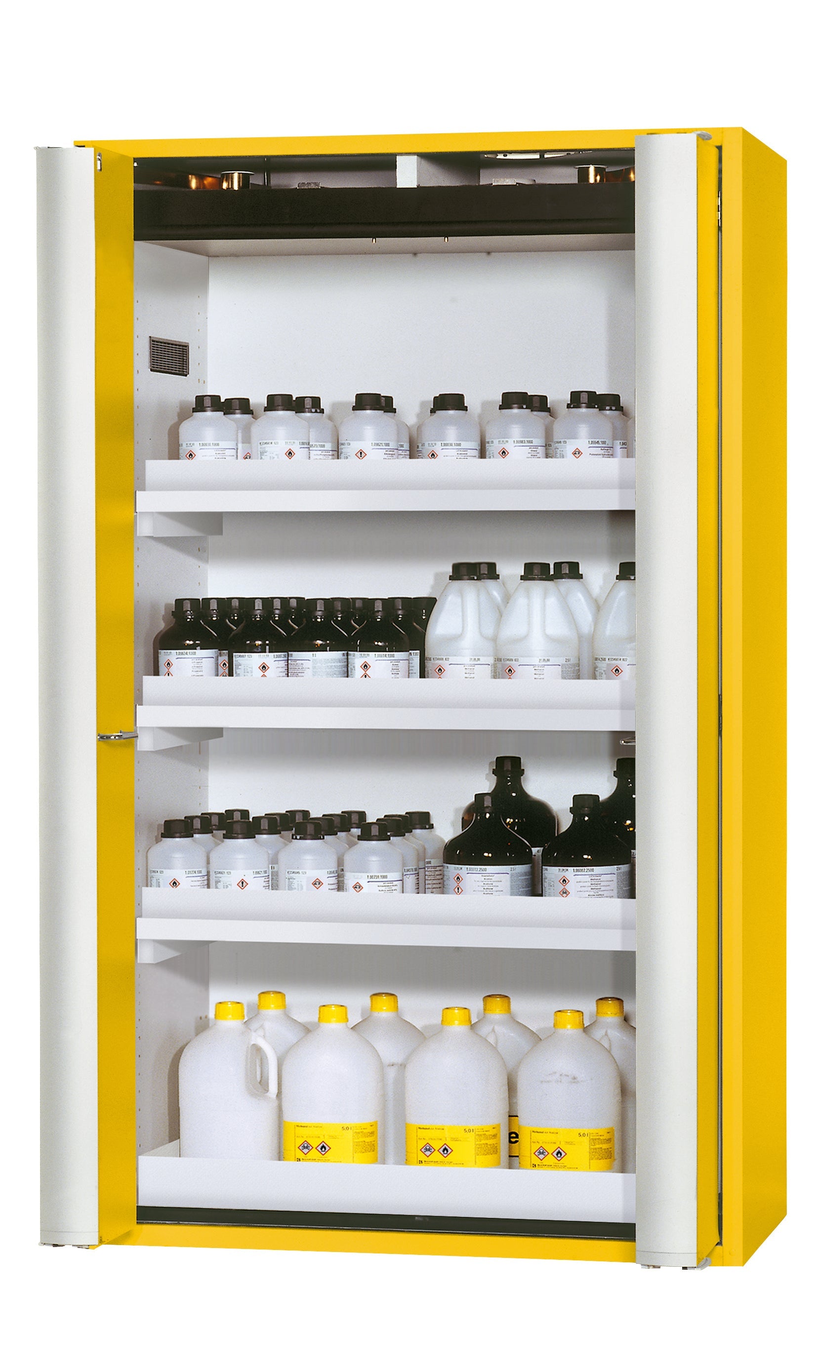 Type 90 safety storage cabinet S-PHOENIX-90 model S90.196.120.FDAS in warning yellow RAL 1004 with 3x tray shelf (standard) (polypropylene),