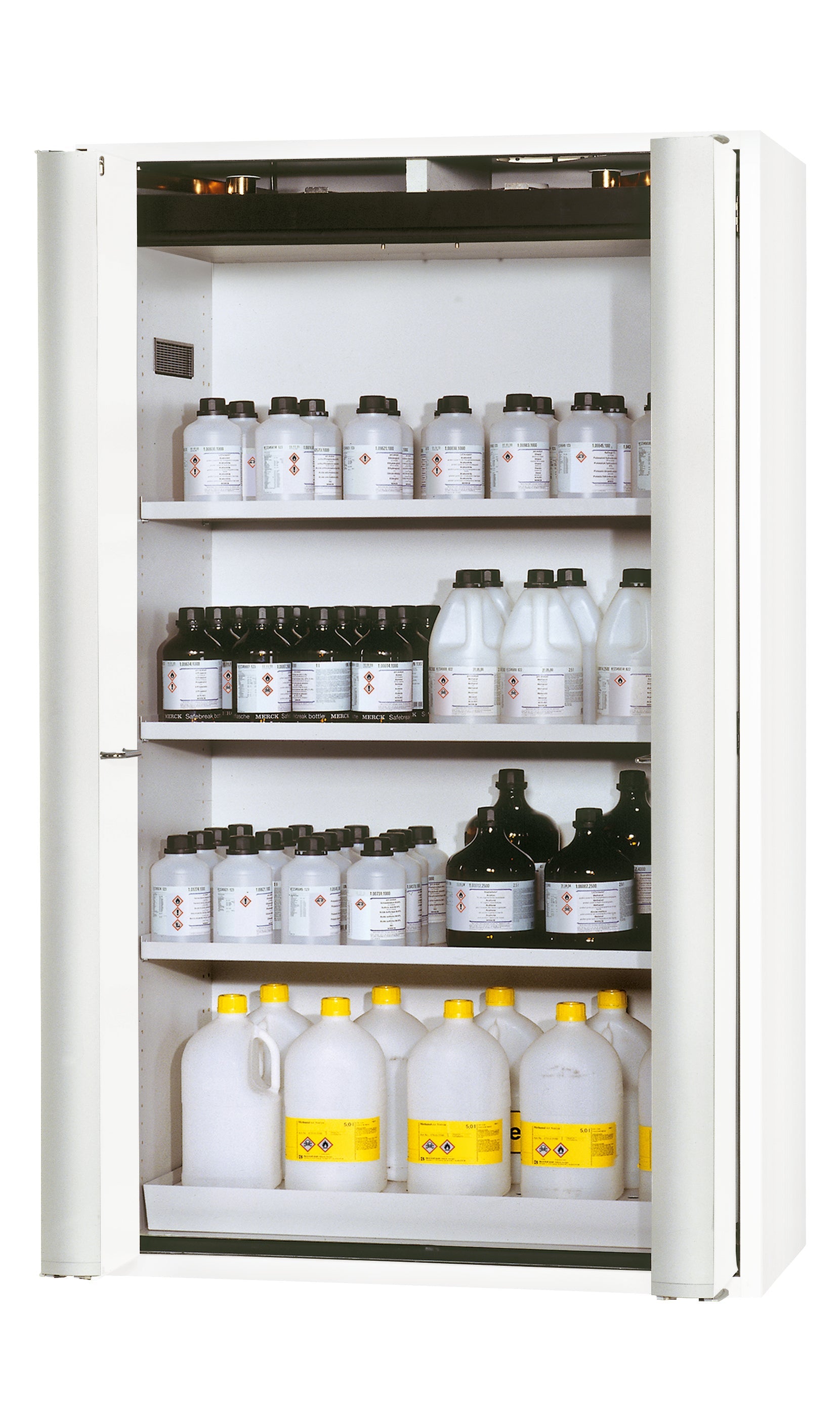 Type 90 safety storage cabinet S-PHOENIX-90 model S90.196.120.FDAS in laboratory white (sim. RAL 9016) with 3x shelf standard (sheet steel),