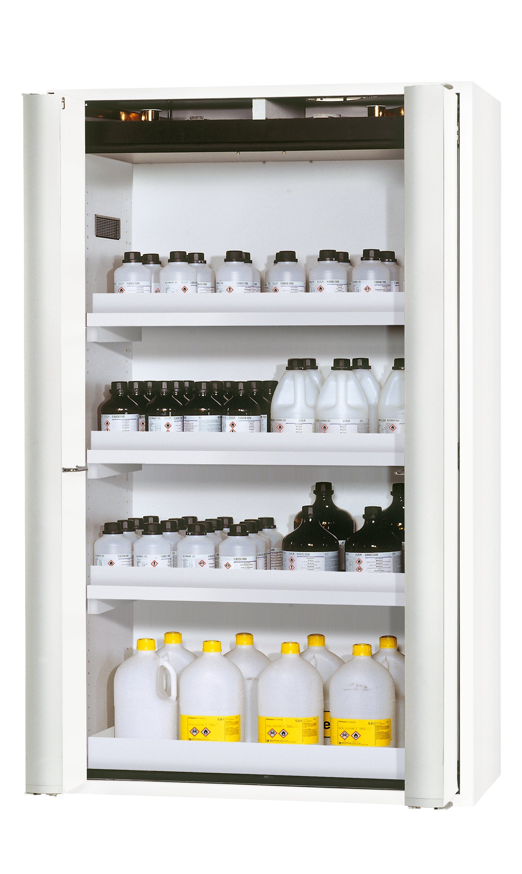 Type 90 safety storage cabinet S-PHOENIX-90 model S90.196.120.FDAS in laboratory white (sim. RAL 9016) with 3x tray shelf (standard) (polypropylene),