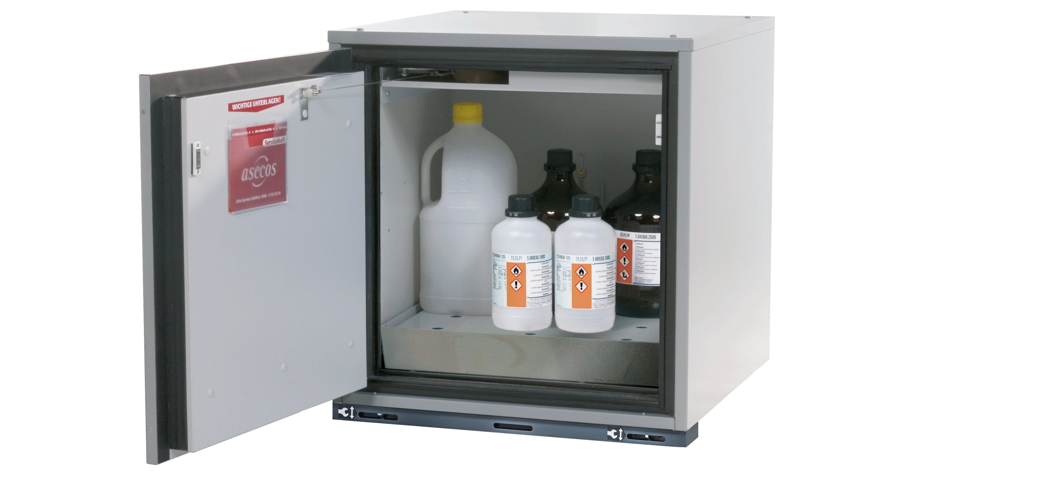 Type 90 safety base cabinet UB-T-90 model UB90.060.059.T in light gray RAL 7035 with 1x perforated sheet metal insert standard (stainless steel 1.4016)