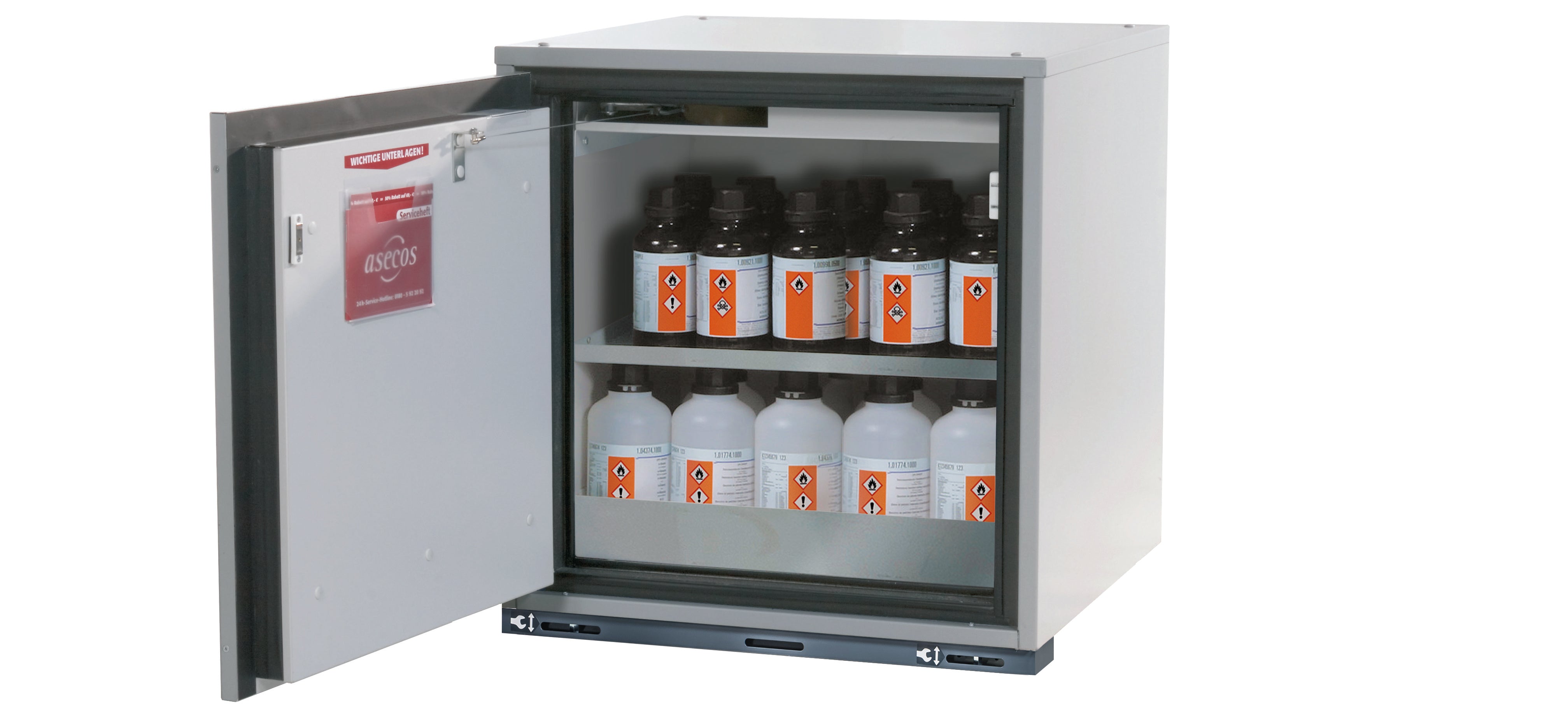 Type 90 safety base cabinet UB-T-90 model UB90.060.059.T in light gray RAL 7035 with 1x standard shelf (stainless steel 1.4301)