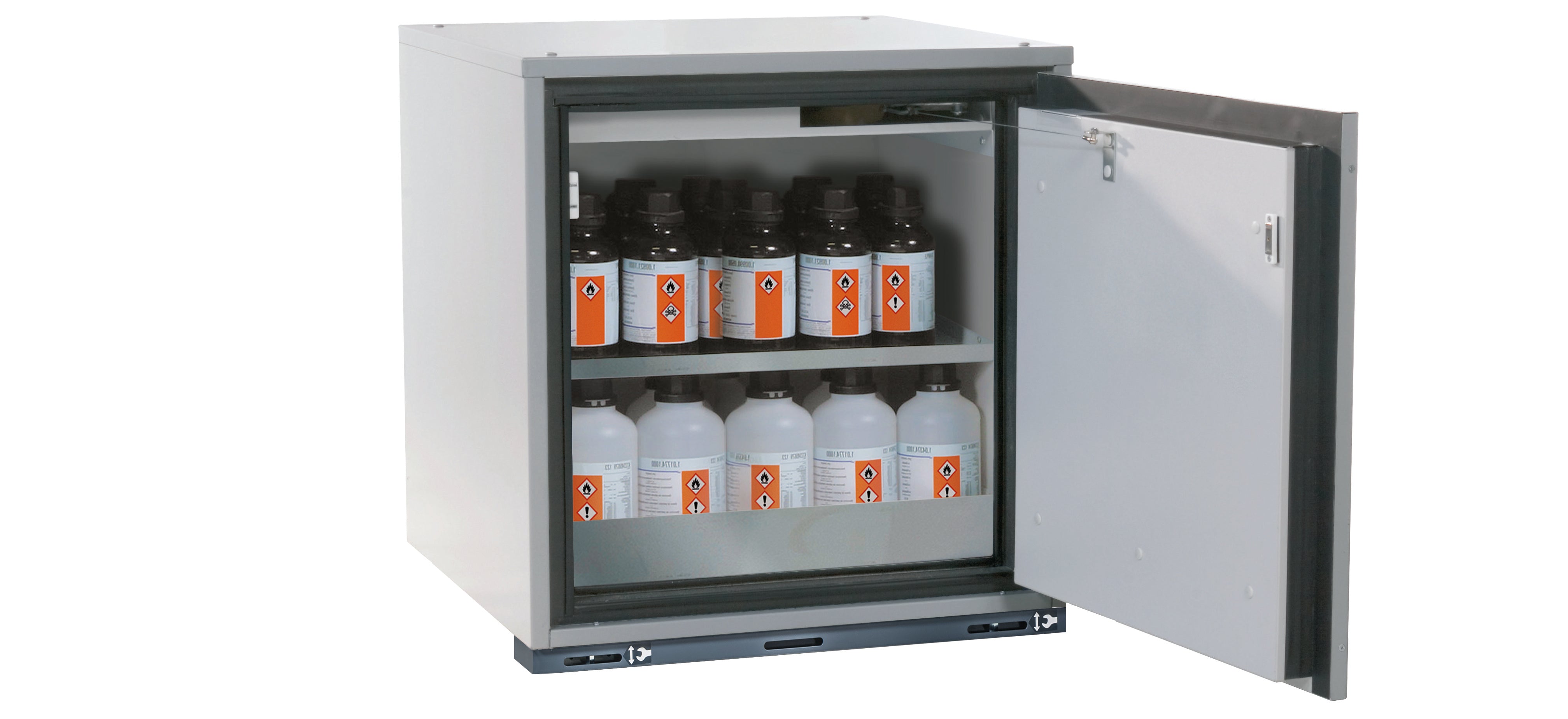 Type 90 safety base cabinet UB-T-90 model UB90.060.059.TR in light gray RAL 7035 with 1x standard shelf (stainless steel 1.4301)