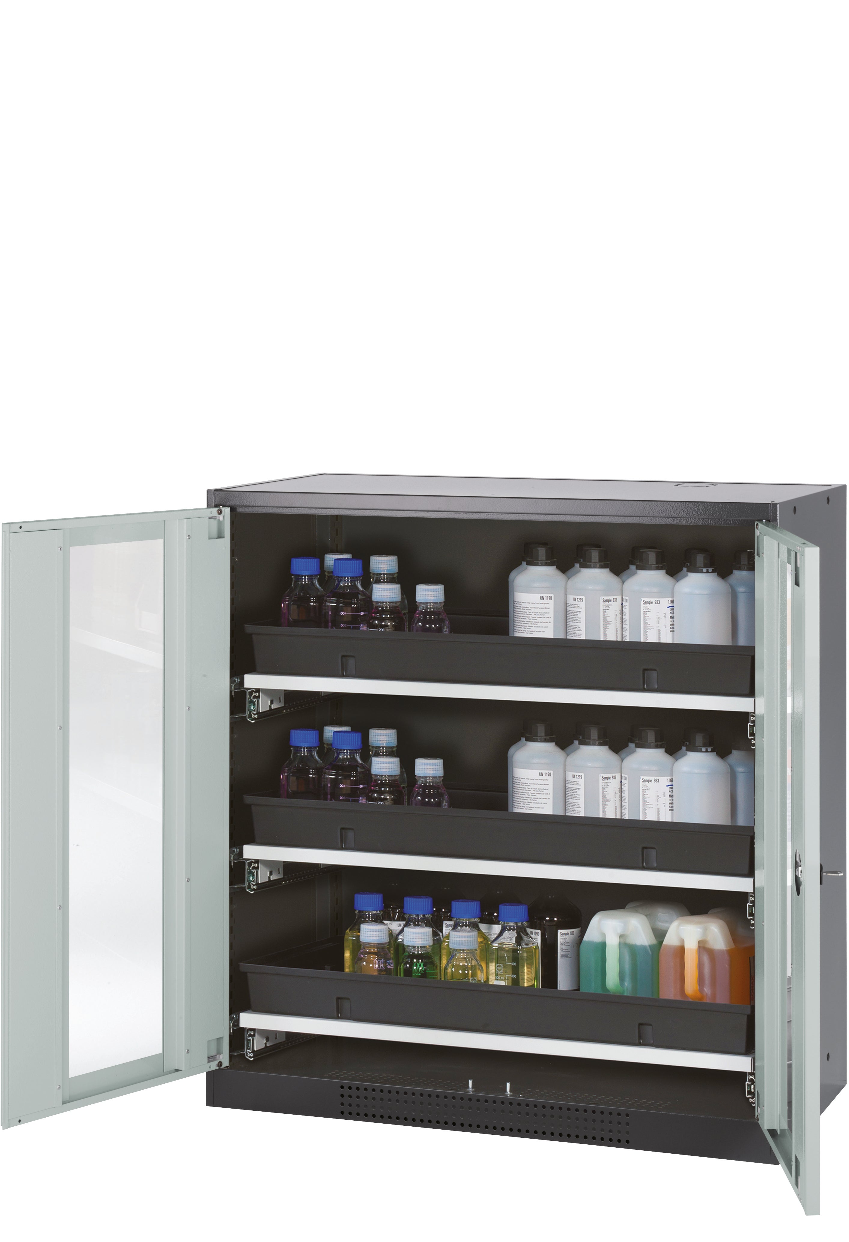 Chemical cabinet CS-CLASSIC-G model CS.110.105.WDFW in light gray RAL 7035 with 3x AbZ pull-out shelves (sheet steel/polypropylene)