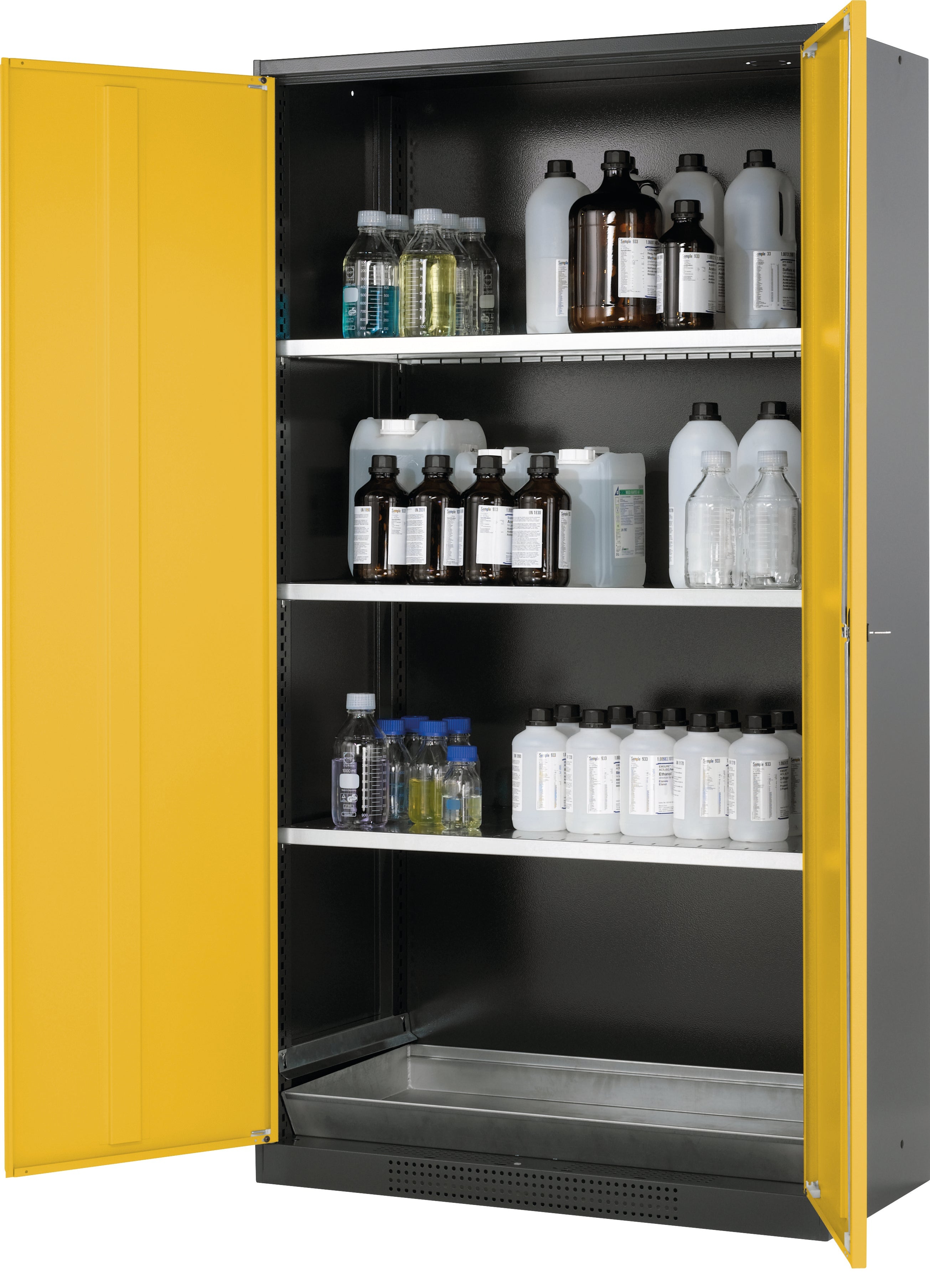 Chemical cabinet CS-CLASSIC model CS.195.105 in safety yellow RAL 1004 with 3x standard shelves (sheet steel)