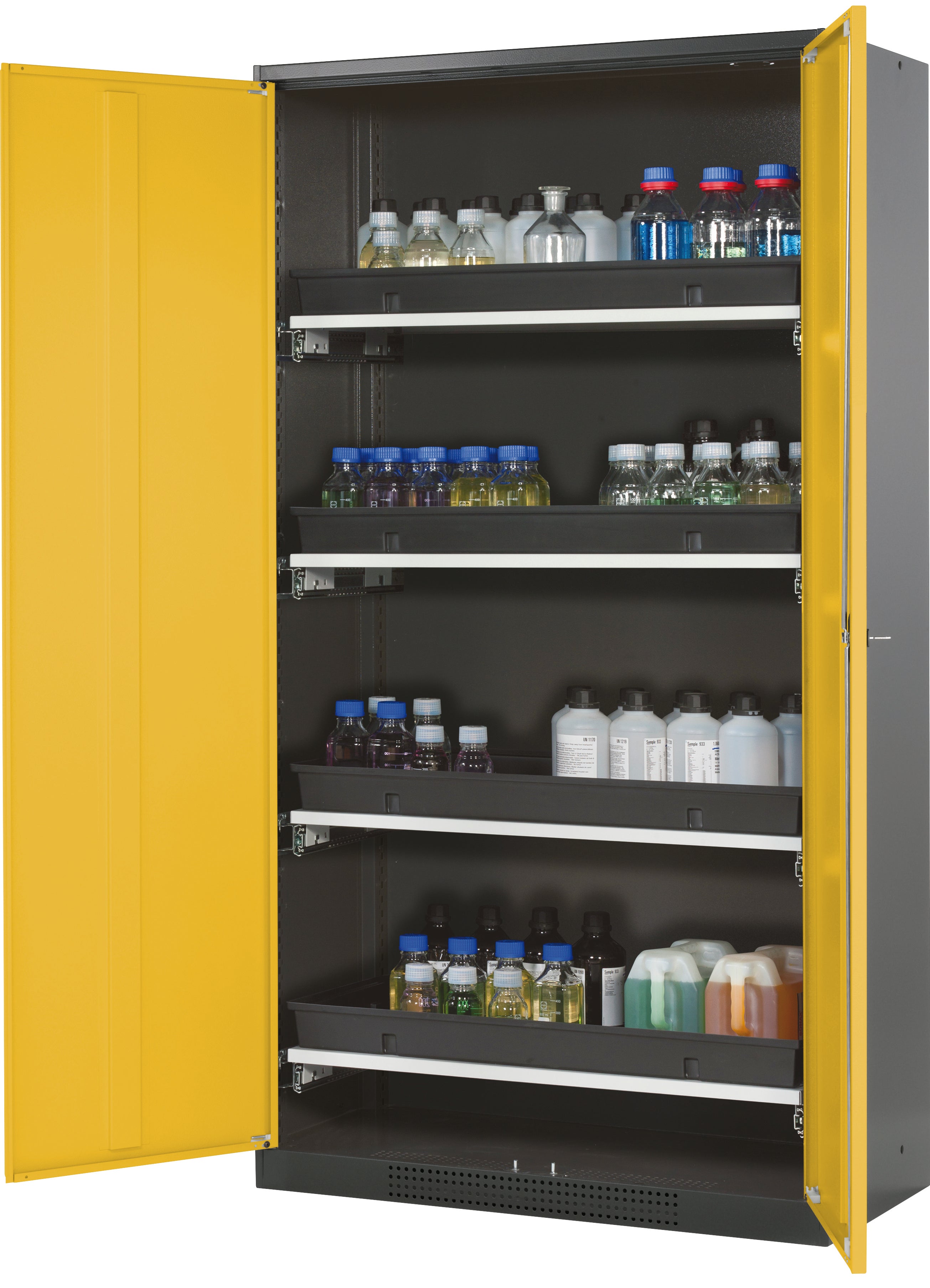 Chemical cabinet CS-CLASSIC model CS.195.105 in safety yellow RAL 1004 with 4x AbZ pull-out shelves (sheet steel/polypropylene)